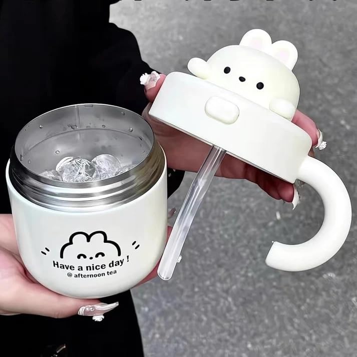 Cute Bunny Bear Stainless Steel Double Walled Vacuum Insulated 530ml Leak Proof Straw Tumbler with Lid - Perfect for Kids, Travel, Office & Outdoor Activities (White)