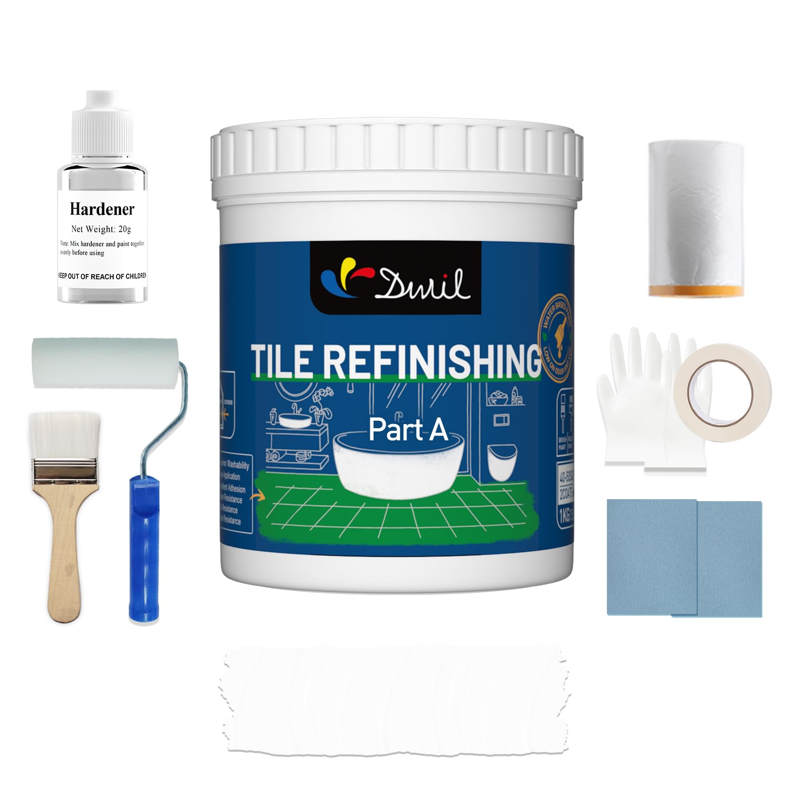 DWIL Tub and Tile Refinishing Kit - Water-Based Low Odor Bathtub Paint (Semi-Gloss White, 1KG Covers 50-55sq.ft) with Tools - Easy DIY Sink, Shower & Bathroom Tile Paint Kit for Home Renovation & Bathroom Makeover