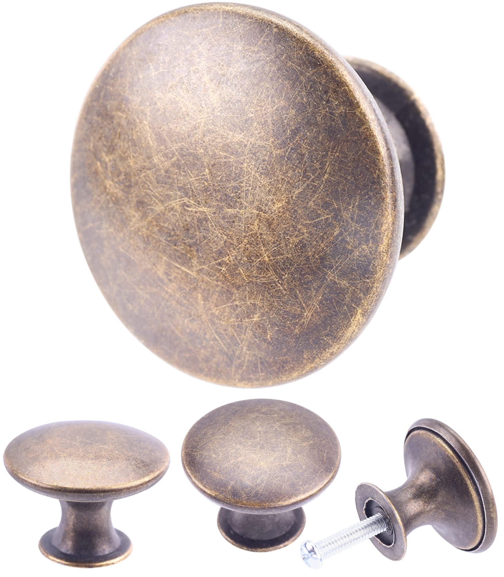 Antique Brass Cabinet Knobs - 20 Pack with Screws for Kitchen & Bathroom
