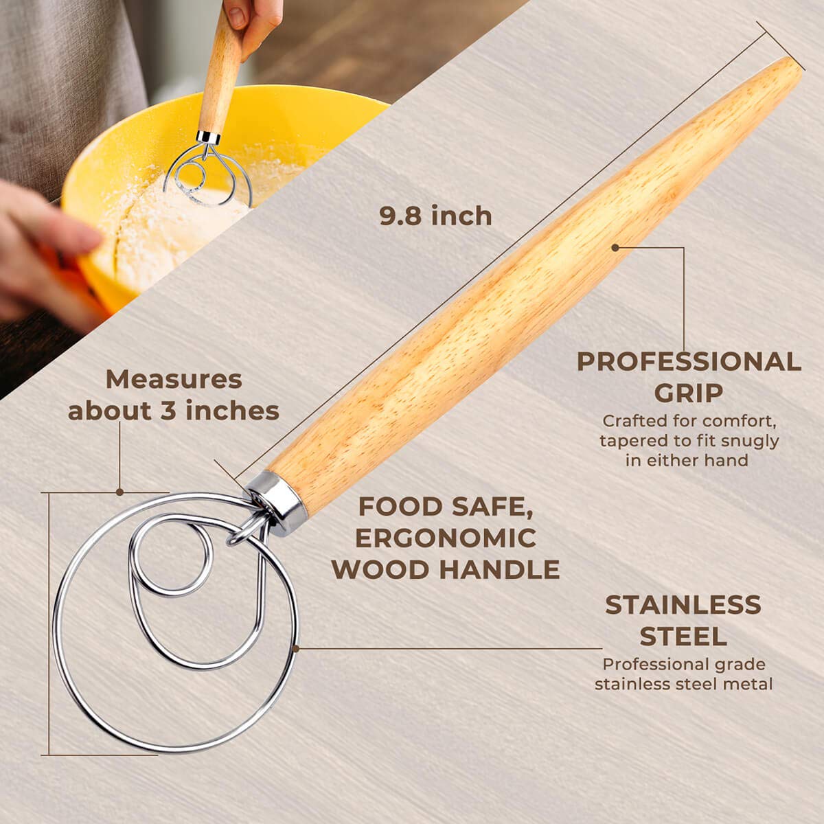 Premium Stainless Steel Danish Dough Whisk 2-Pack with Dough Scraper - Heavy Duty Bread Mixer for Baking Bread, Pastry, Pizza Dough - Ideal for Home Bakers & Professional Kitchens