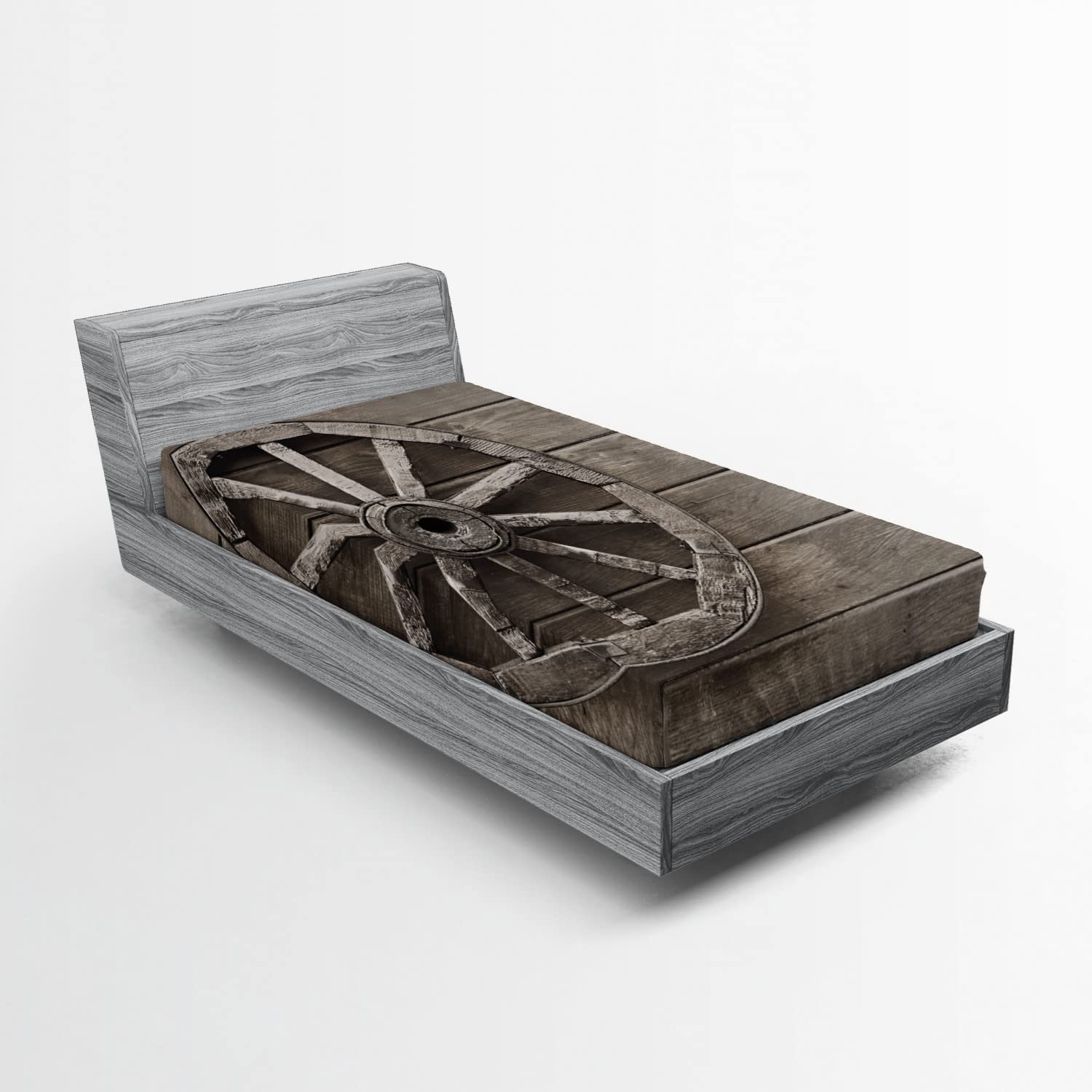 Ambesonne Vintage Barn Wood Wagon Wheel Fitted Sheet - Twin Size Deep Pocket Bed Cover with All-Around Elastic, Western Grunge Style Antique Carriage Wheel Design in Umber Brown | Perfect for Farmhouse, Rustic & Western Themed Bedrooms