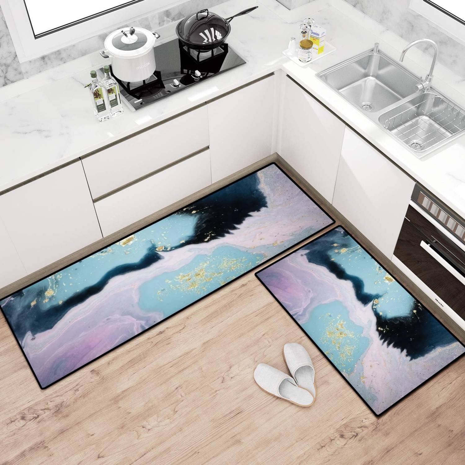 Luxury Marble Kitchen Rugs Set - Non-Slip Washable Floor Mats for Home Decor