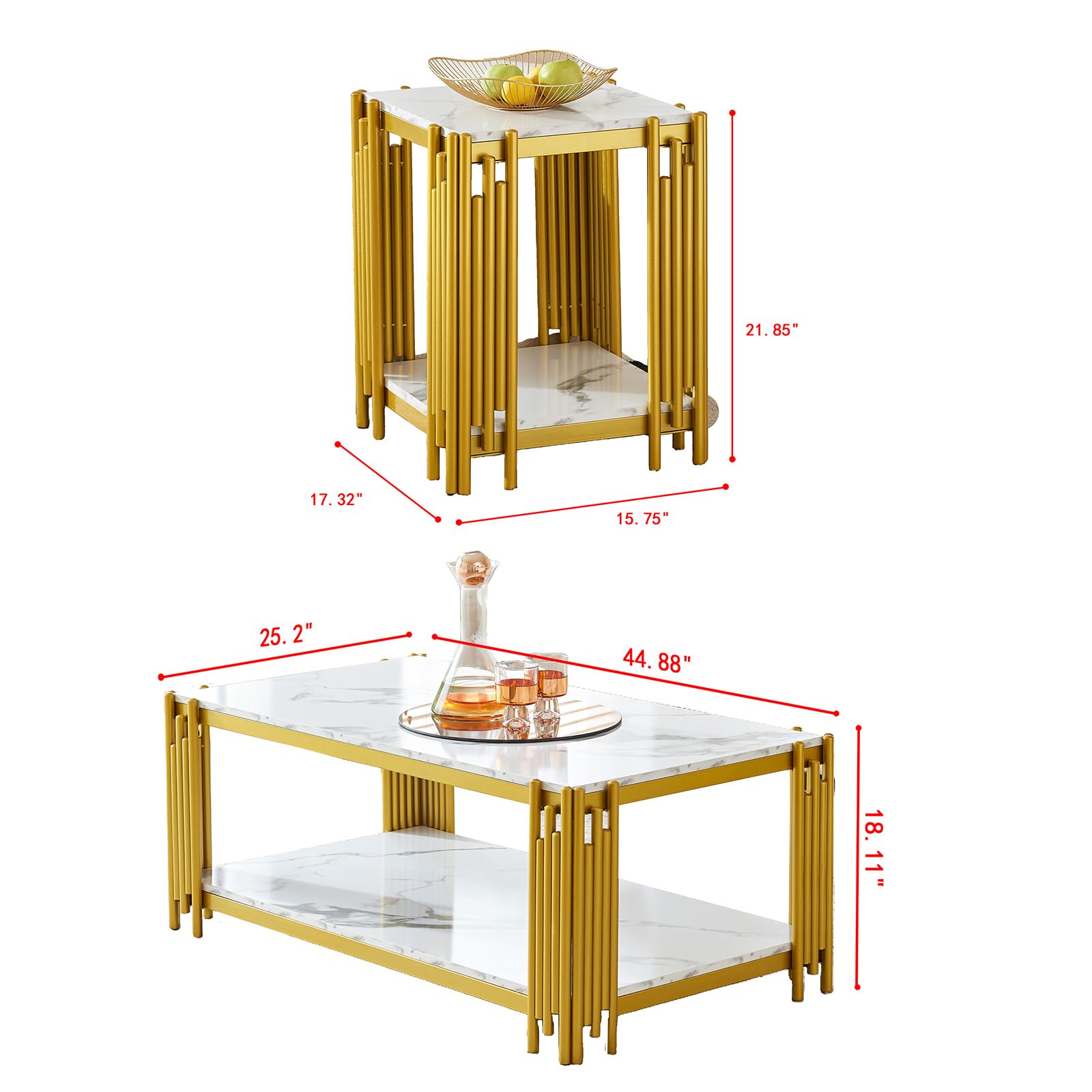 2 Piece Modern Gold Living Room Table Set - Rectangular Faux Marble Coffee Table & Matching Gold End Table - Perfect for Small Spaces, Apartments & Contemporary Home Decor