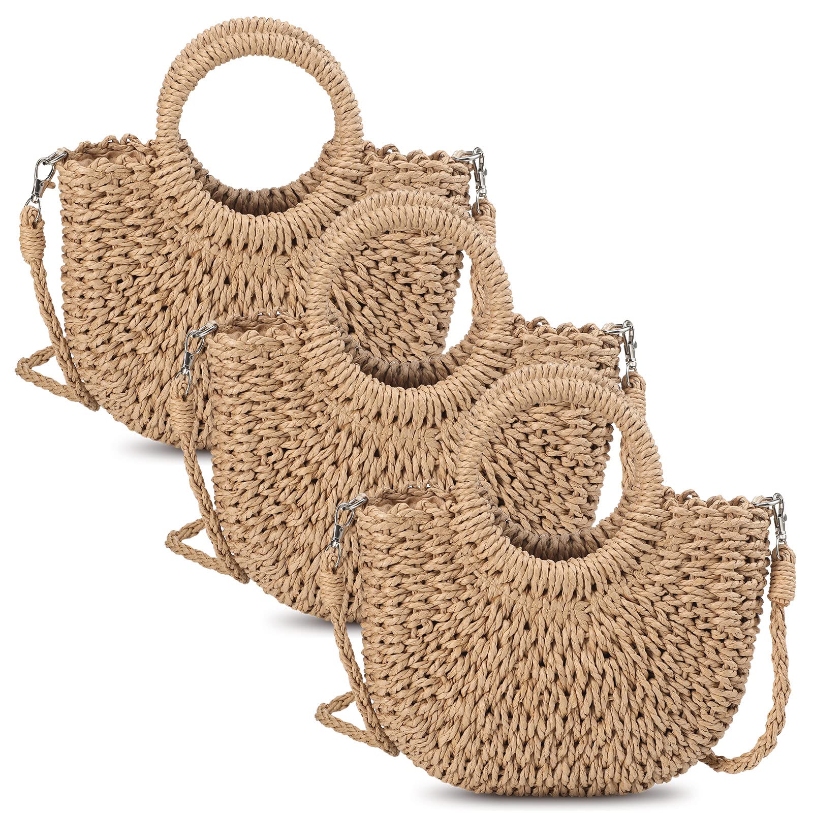 3 Pcs Semi Circle Rattan Straw Bags for Women - Hand Woven Beach Tote & Crossbody Purse - Summer Mini Wicker Clutch with Top Handle - Perfect for Beach Outings, Picnics, and Vacation Accessories