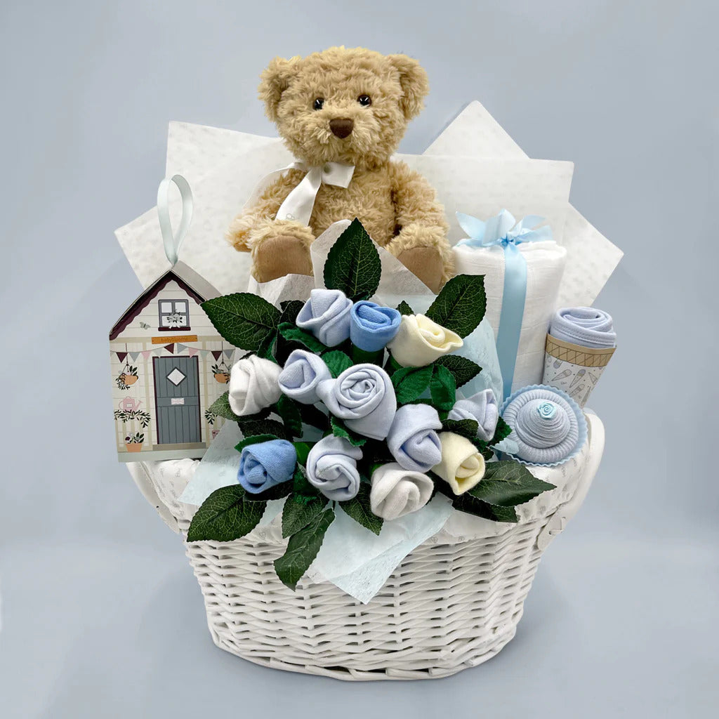Bear & Bouquet Baby Boy Gift Basket - Newborn Baby Shower Present Set with Plush Toy & Blanket - Perfect for Birthdays, Christenings, and Welcome Home Celebrations (SKU: LBG1011)