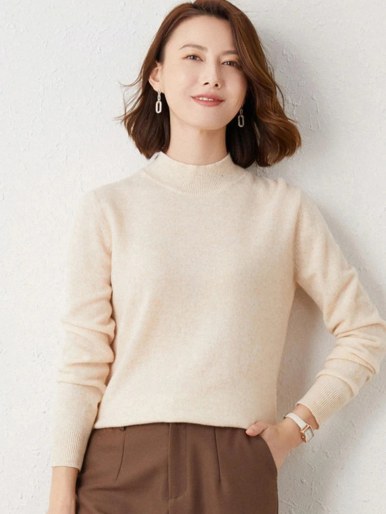 Premium Solid Half High Collar Cashmere Sweater for Women - Soft & Warm Winter Pullover - Perfect for Office, Dating & Holiday Outfits