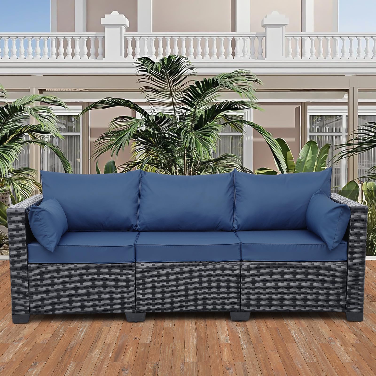 Valita 3-Seat Outdoor Rattan Sofa Set - Black PE Wicker Patio Loveseat with Washable Navy Blue Cushions - Perfect for Backyard, Garden, Poolside & Balcony Relaxation