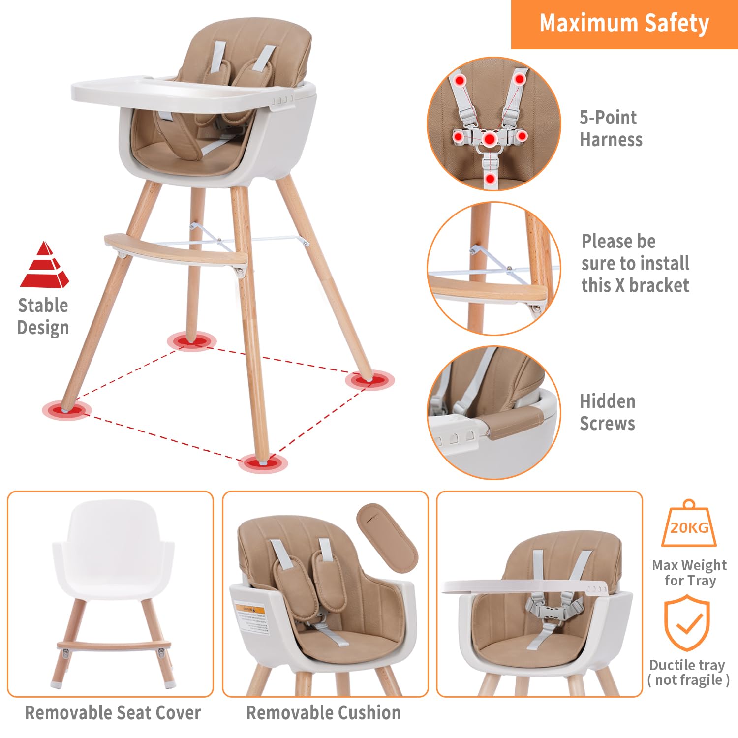 3-in-1 Convertible Wooden High Chair for Babies & Toddlers | Adjustable Height & Dishwasher-Safe Tray | Premium Hardwood & Leatherette | Brown | Perfect for Dining, Feeding & Learning Activities