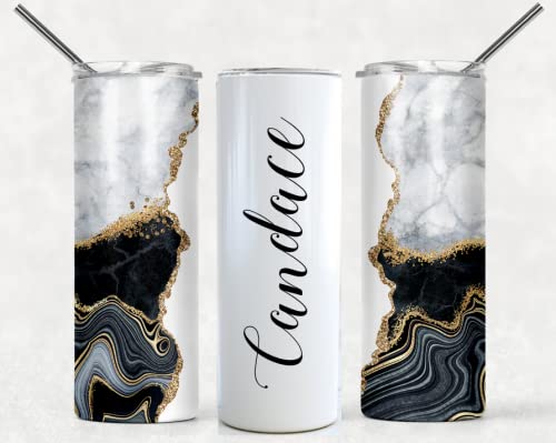 Personalized Stainless Steel 20oz Insulated Tumbler Cup - Double Wall Vacuum Insulation for Hot & Cold Drinks - Custom Name Engraved Black Gold Marble Travel Mug - Perfect for Office, Gym, Camping and Outdoor Activities