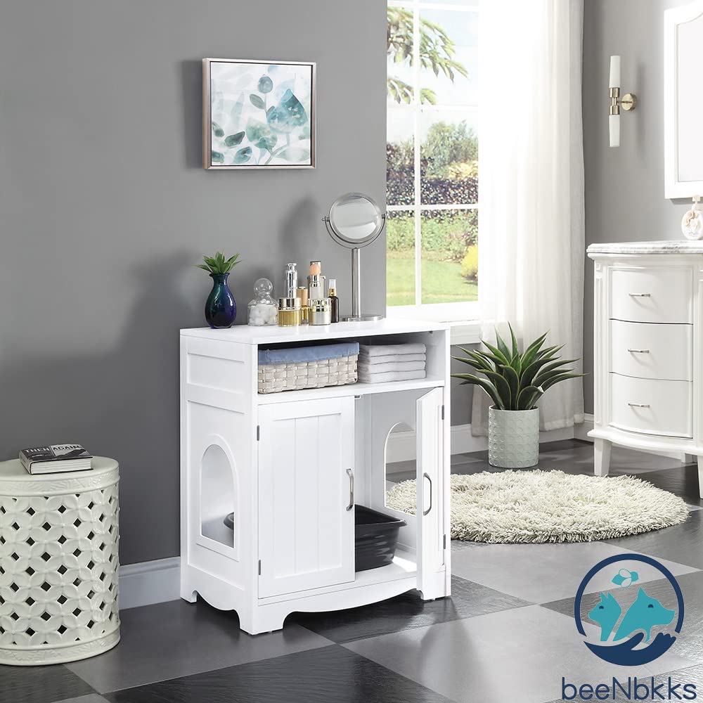 BeeNbkks Wooden Cat Litter Box Furniture - Hidden Washroom Enclosure with Cat House Nightstand, Indoor Pet Cabinet Crate for Home Decor | Perfect for Living Rooms, Bedrooms & Small Spaces