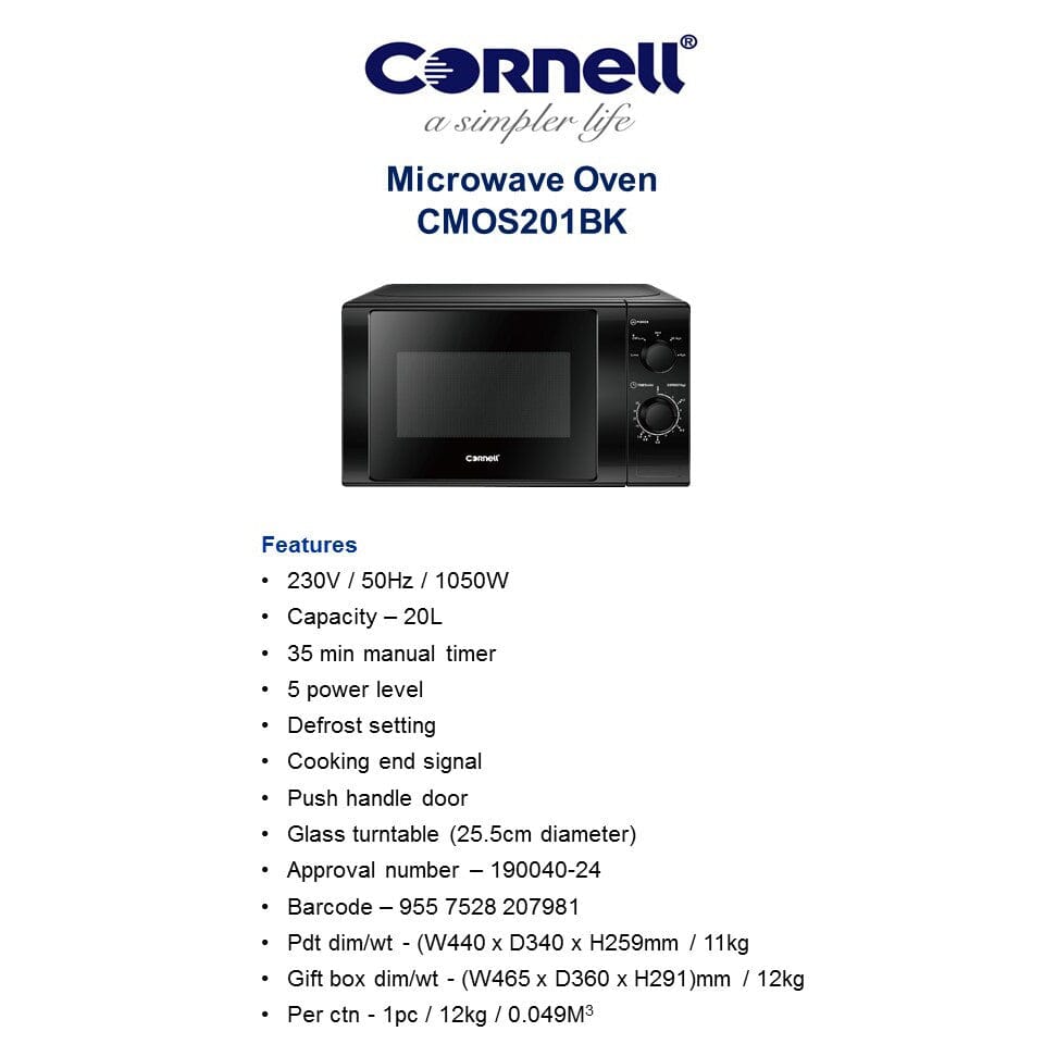 Cornell CMOS201BK 20L Black Countertop Microwave Oven - Perfect for Dorms, Small Kitchens & Office Break Rooms