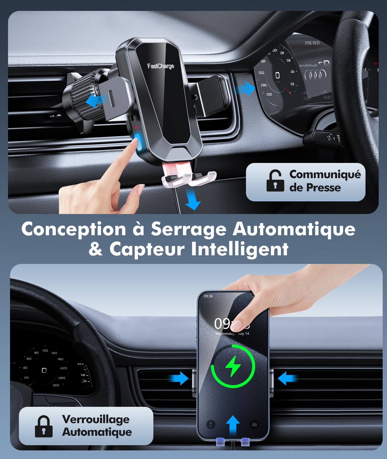 15W Fast Wireless Car Charger with Auto Clamping & 360° Rotation - Compatible with iPhone 16 Pro Max/15/14/13/12 & Galaxy S24/S23/S22 - Perfect for Safe Hands-Free Charging While Driving