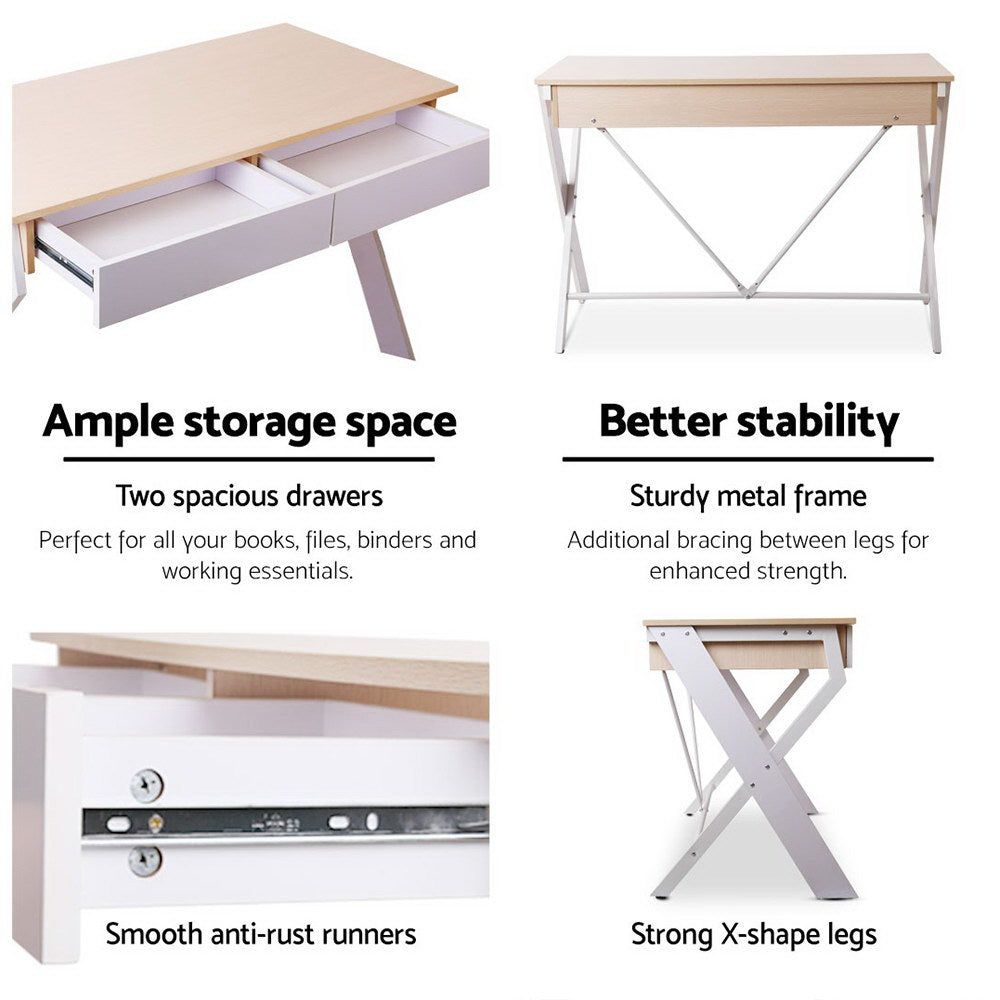 White Metal Desk with Oak Top and Drawer - Modern Home Office Furniture for Small Spaces & Workstations