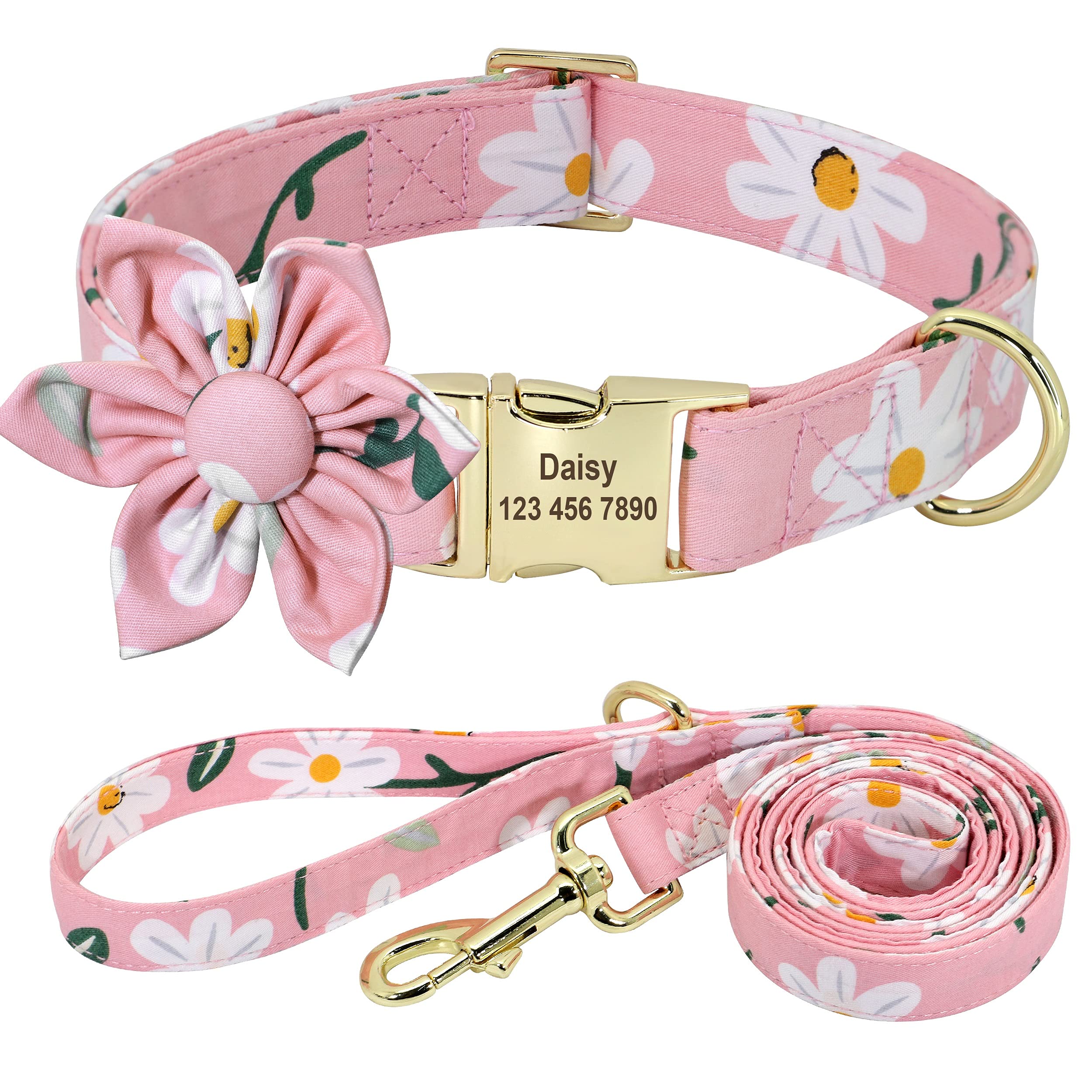 Beirui Custom Floral Dog Collar and Leash Set for Small Female Dogs - Personalized Gold Buckle Engraved Pet Collar with Daisy Pattern (XS) - Perfect for Weddings, Photo Shoots & Special Occasions