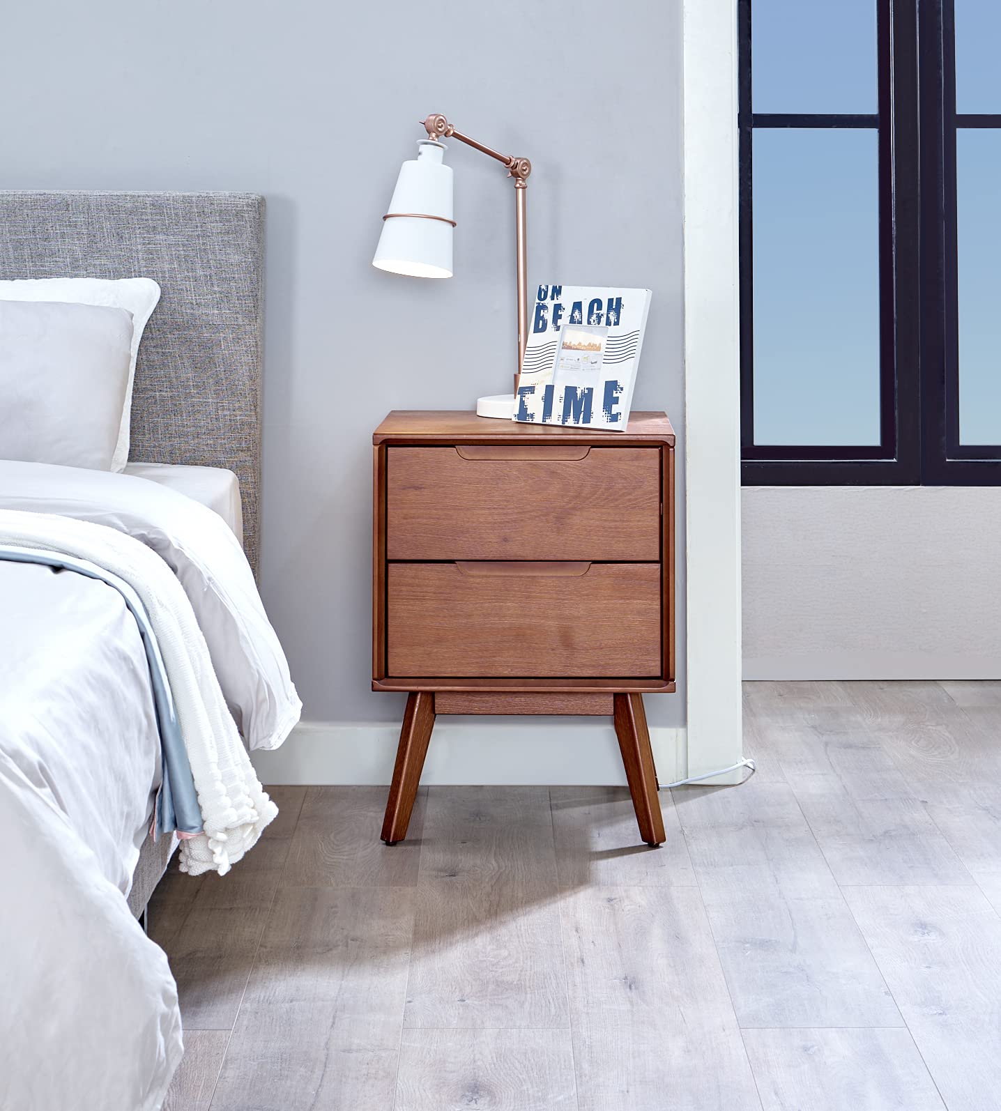 Mid Century Modern Walnut Nightstand with 2 Drawers - Solid Wood Bedside Table for Bedroom & Living Room, Minimalist End Table, Stylish Home Furniture for Small Spaces & Apartments