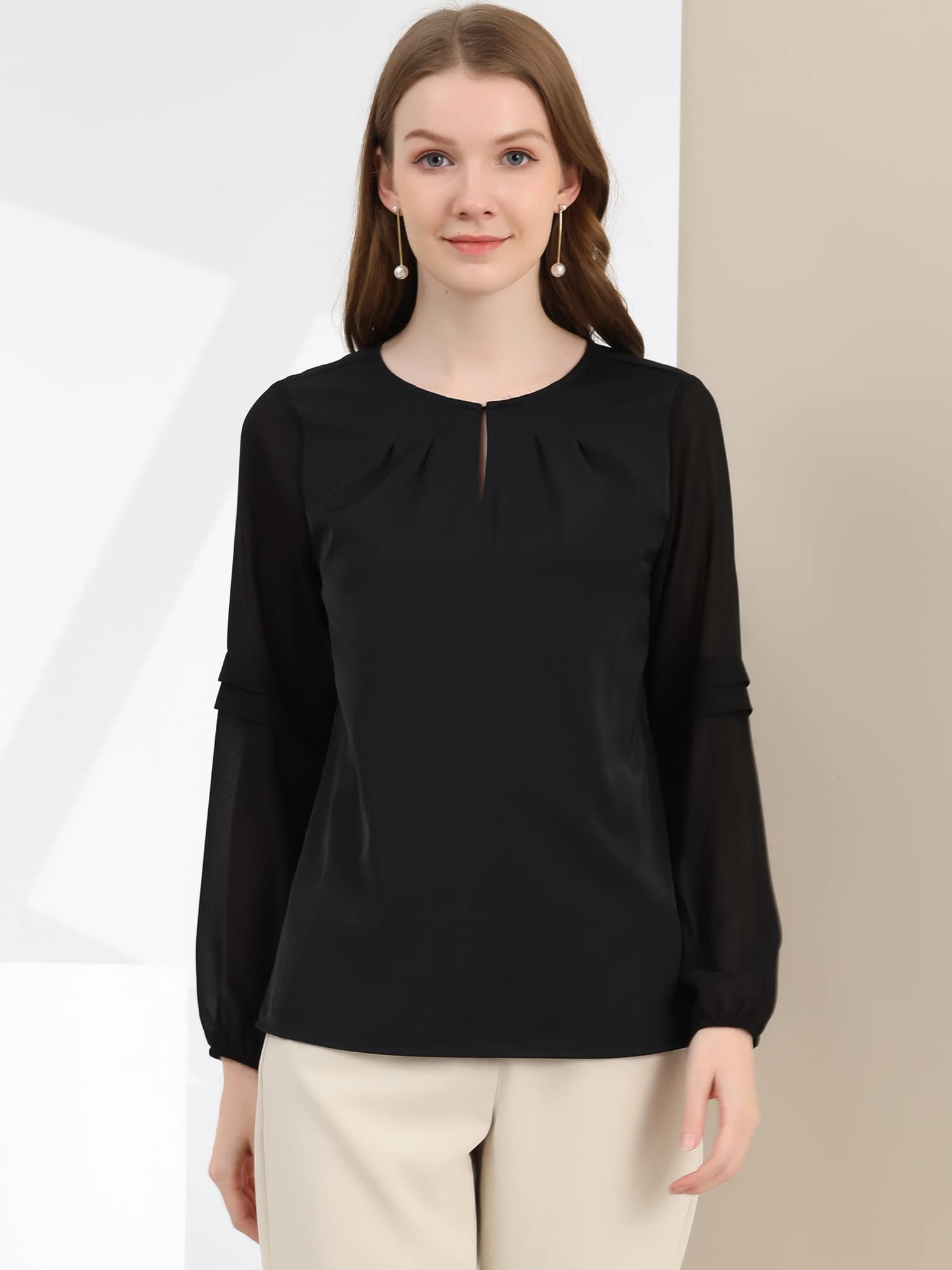 Allegra K Women's Elegant Chiffon Blouse - Semi-Sheer Long Sleeve Work Top with Keyhole Neckline | Perfect for Office Wear, Business Meetings & Professional Occasions