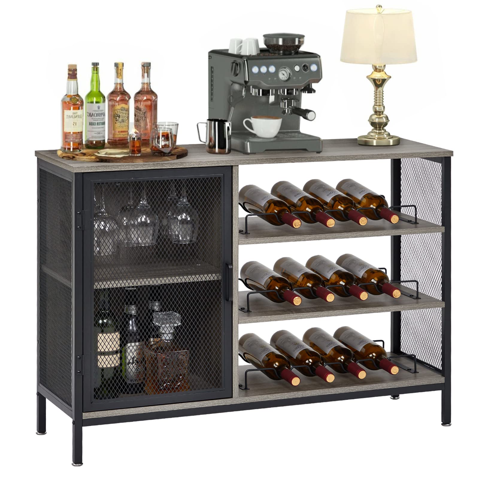 Modern Grey Bar Cabinet for Home - Wine & Liquor Storage with Removable Wine Rack, Glass Holder & Coffee Bar - Space-Saving Corner Cabinet for Living Room, Dining Room or Home Office