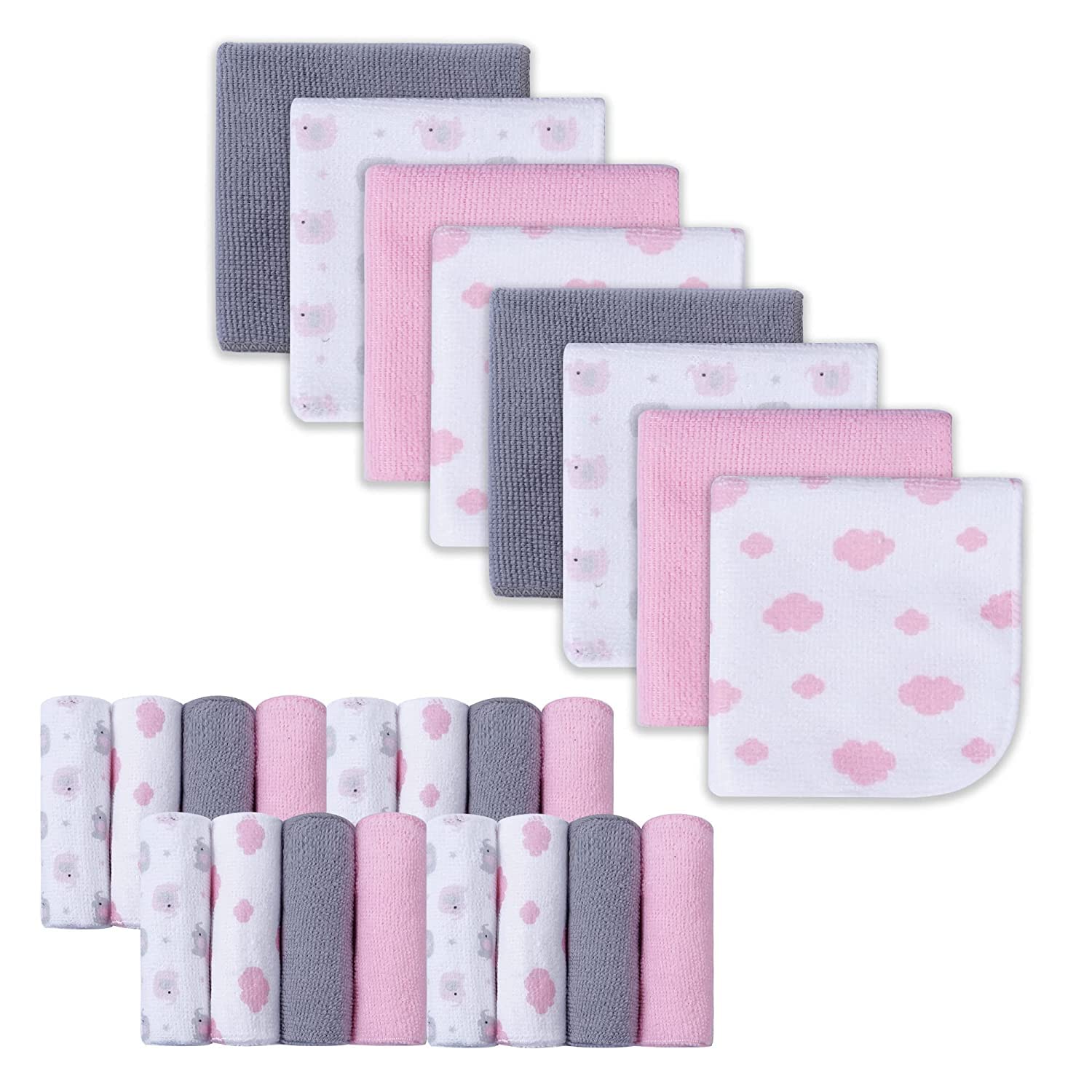 24-Pack Ultra Soft Baby Washcloths - Extra Absorbent & Gentle for Sensitive Skin | 9x9 Inch Pink Elephant Design | Unisex Face & Body Towels for Boys & Girls | Perfect for Bath Time, Diaper Changes & Gentle Skin Care