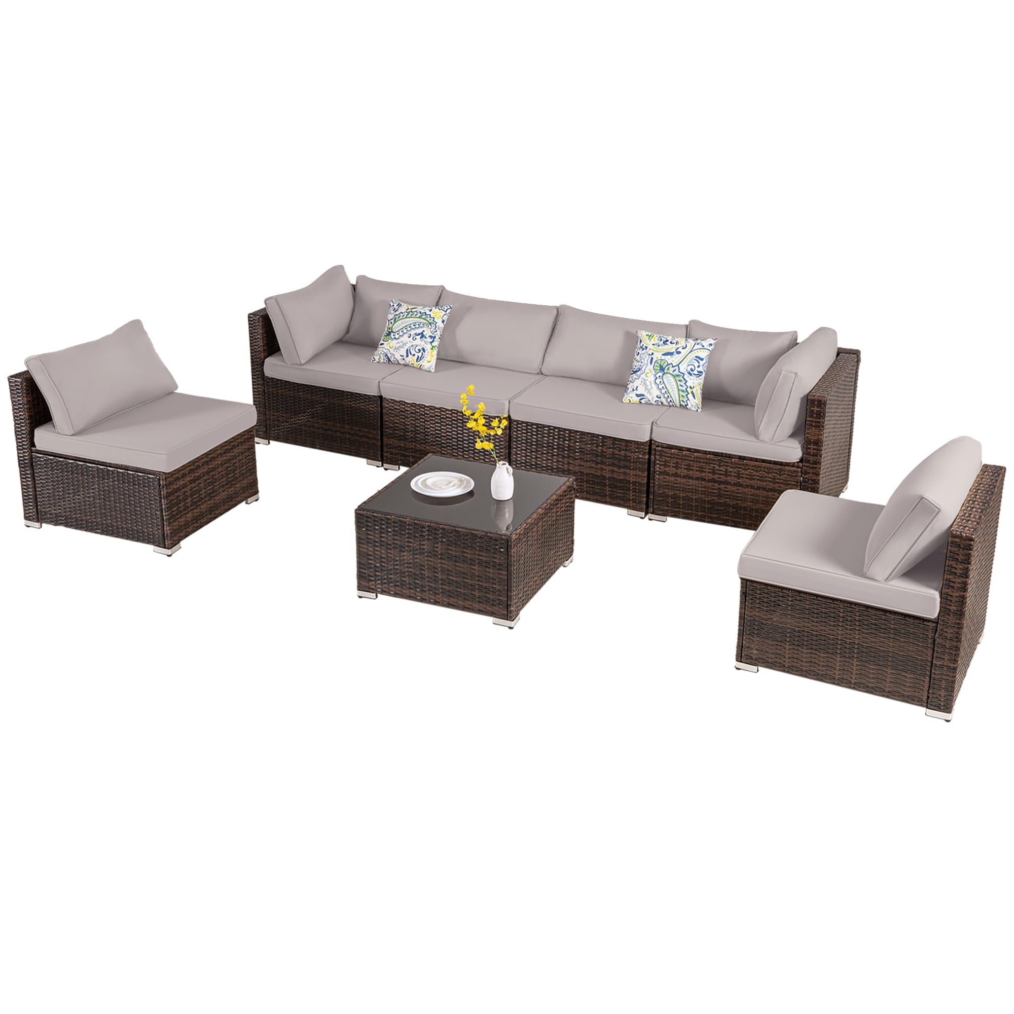7-Piece All-Weather Wicker Patio Furniture Set with Padded Cushions - Outdoor Sectional Sofa Conversation Set for Poolside, Balcony, Backyard (Brown Wicker/Grey Cushion) - Perfect for Relaxing, Entertaining & Outdoor Dining