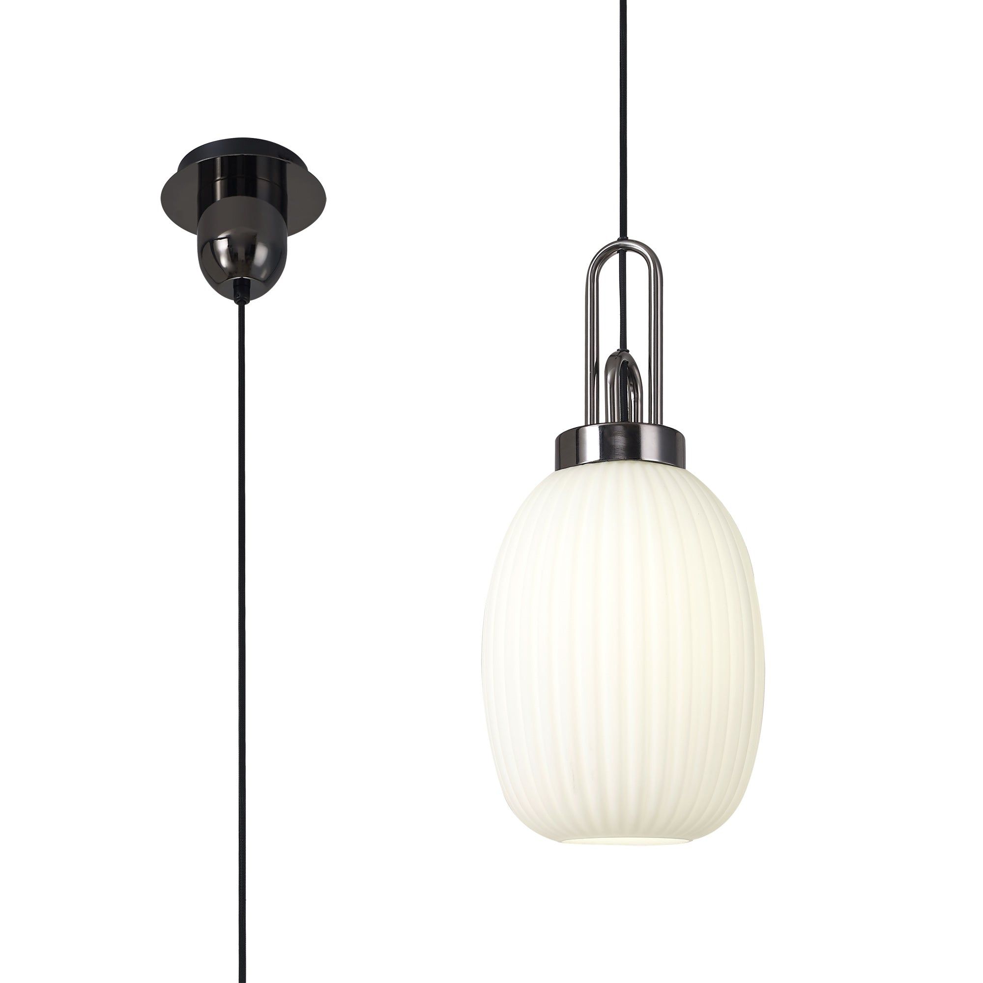 Cadiz 1-Light Pendant Light Fixture with 20cm Almond Ribbed Glass Shade, E27 Socket, IP20 Rated - Perfect for Kitchen Island, Dining Room, or Bedroom Lighting