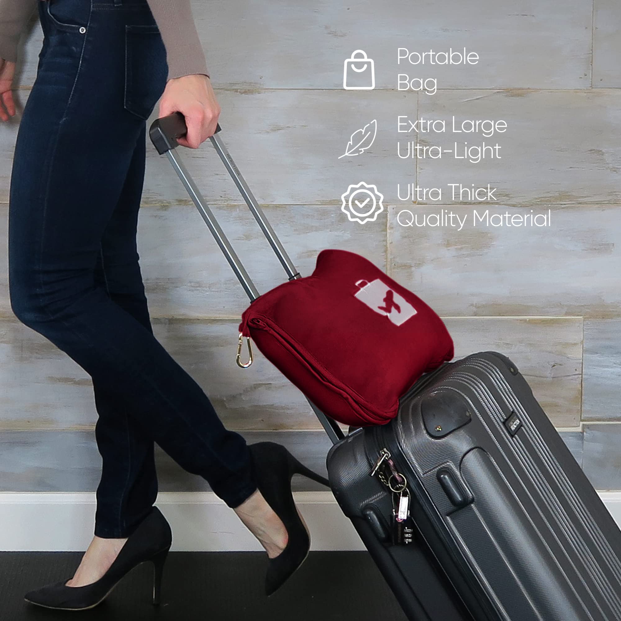 EverSnug Travel Blanket and Pillow Set - Ultra Soft Airplane Essentials with Storage Bag for Women & Kids (Burgundy/Black) - Perfect for Flights, Road Trips, and Camping Adventures