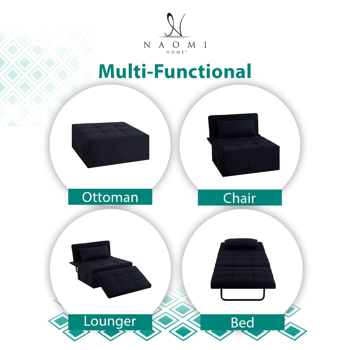 4-in-1 Convertible Sleeper Chair Bed with Adjustable Backrest - Breathable Linen Ottoman Sofa Bed for Living Room, Guest Room & Small Spaces - Modern Multi-Functional Furniture (Black)