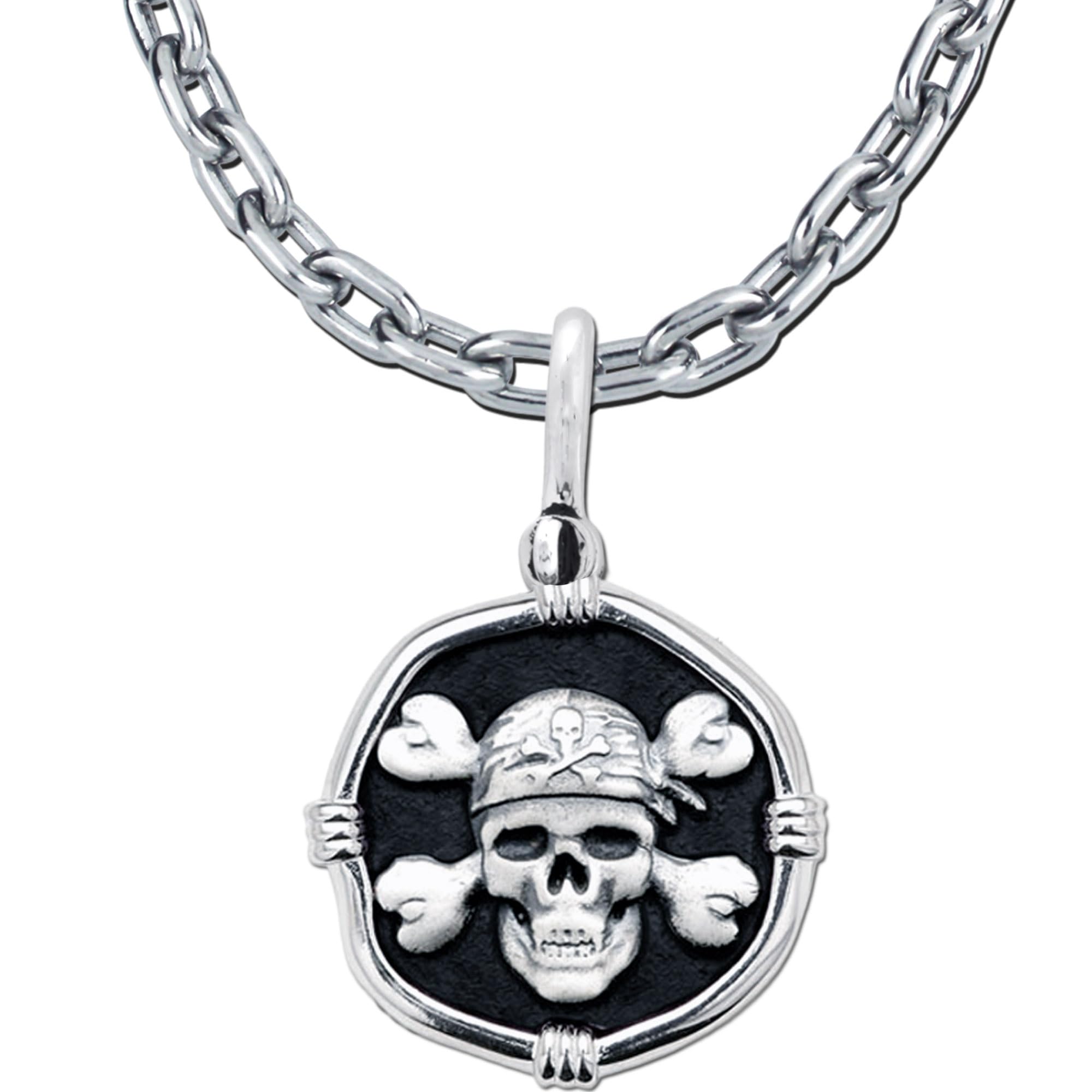Guy Harvey Pirate Skull Pendant - Black Enamel Sterling Silver Necklace with 24