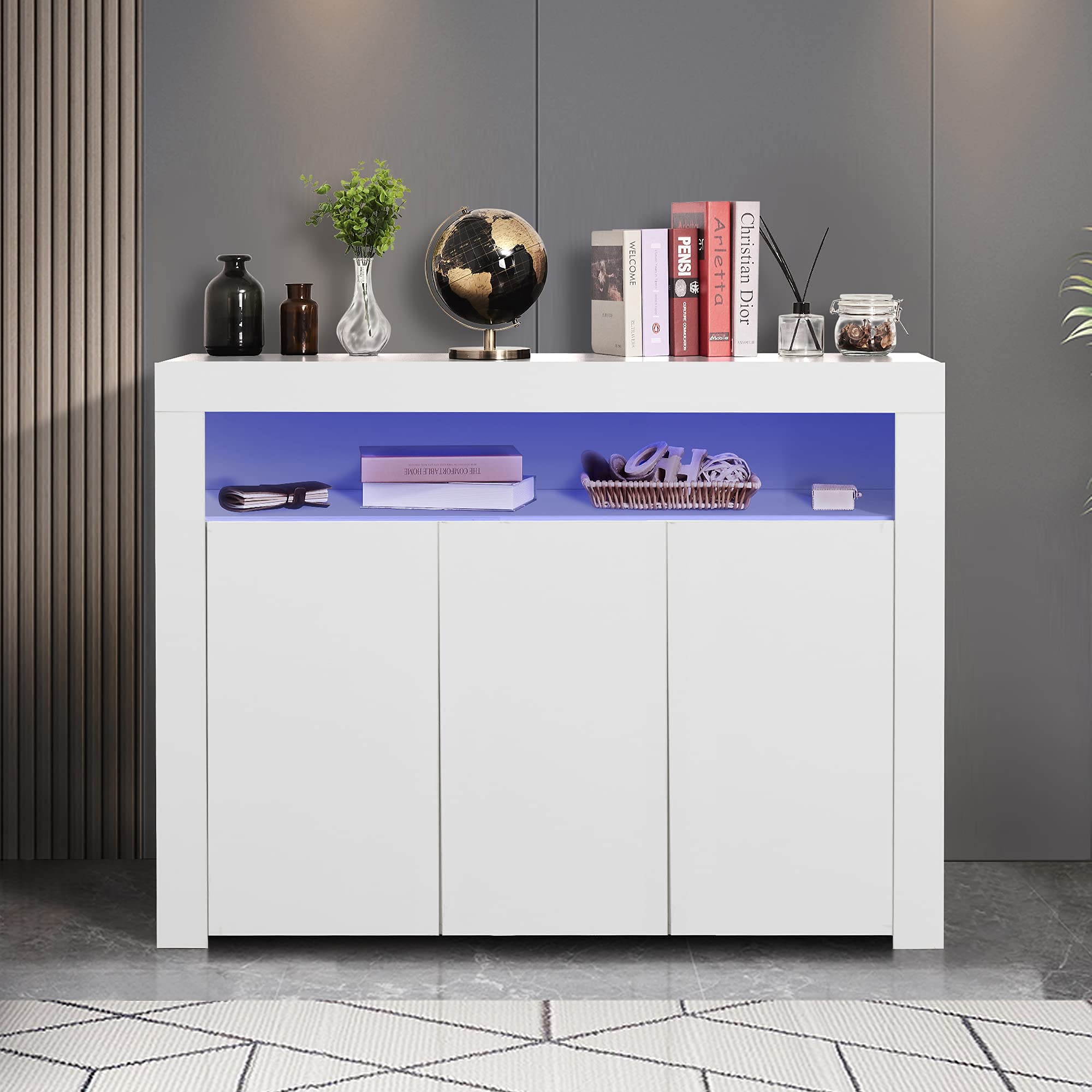 16 Colors LED Sideboard Kitchen Storage Cabinet - High Gloss Buffet Server Table with 3 Doors & Open Shelves, Modern Display Cupboard for Dining Room & Living Room (Type-1, White) - Perfect for Home Organization & Stylish Storage Solutions