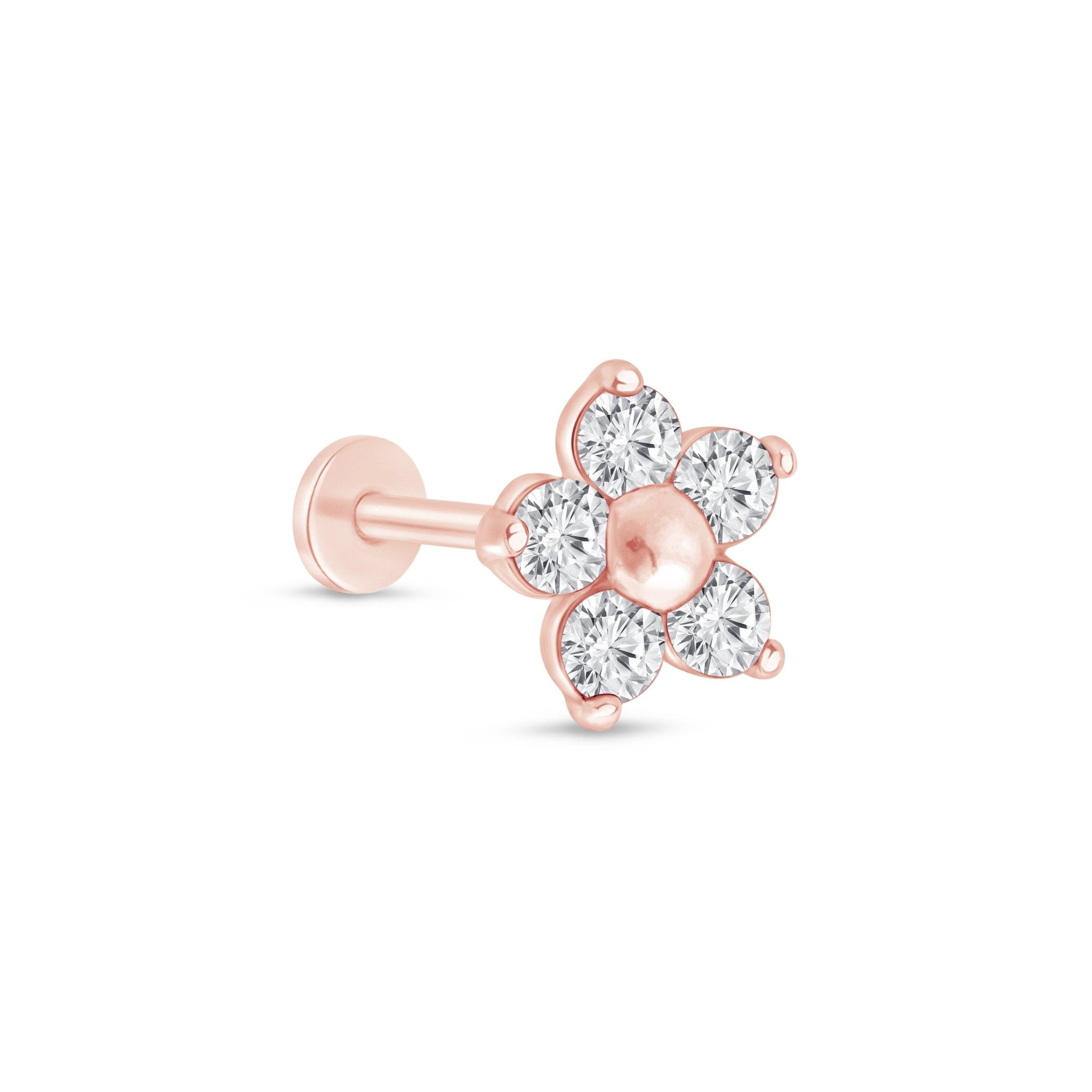 14k Rose Gold Five Diamond Flower Stud Earrings for Women - Elegant Floral Flat Back Earrings for Daily Wear & Special Occasions