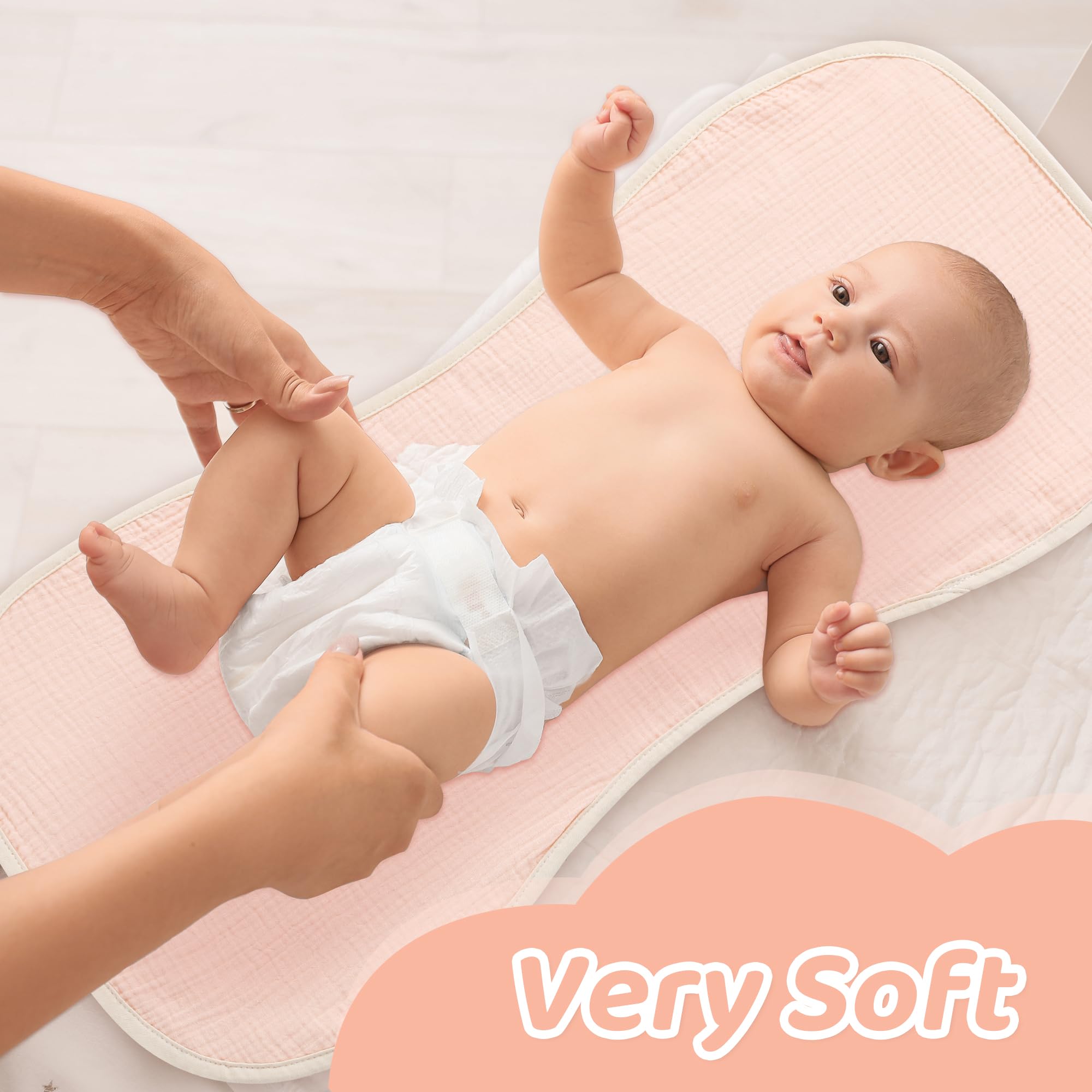 HOMBYS Washable Waterproof Baby Changing Pad Liner - 100% Cotton Muslin Changing Table Cover (3 Pack, Cream White/Pink/Floral) for Nursery, Diaper Bag & Travel Use
