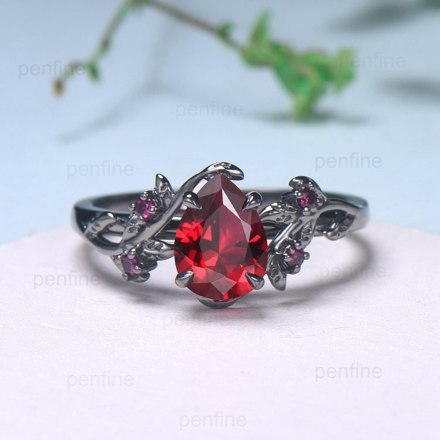 Vintage Black Gold Ruby Ring - Elegant Lab Ruby Engagement & Wedding Ring for Women, July Birthstone Jewelry with Leaf Cluster Design, Natural Inspired Branch Style | Perfect for Anniversaries, Proposals & Special Occasions