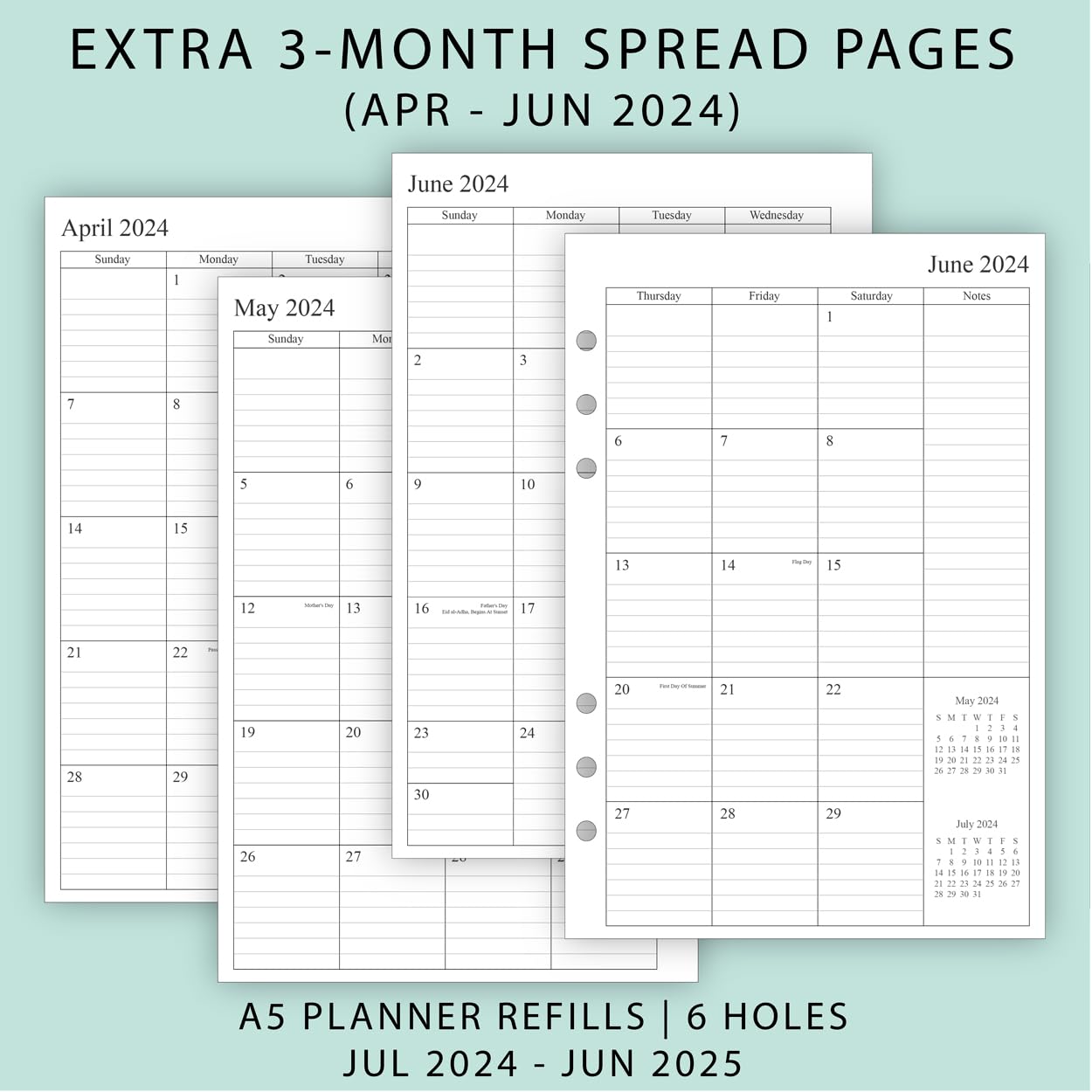 Newestor 2024-2025 Planner Refill - Weekly & Monthly Calendar from July 2024 to June 2025 - 6-Hole Punched for A5 Ring Binder - Perfect for Office, School, and Personal Organization
