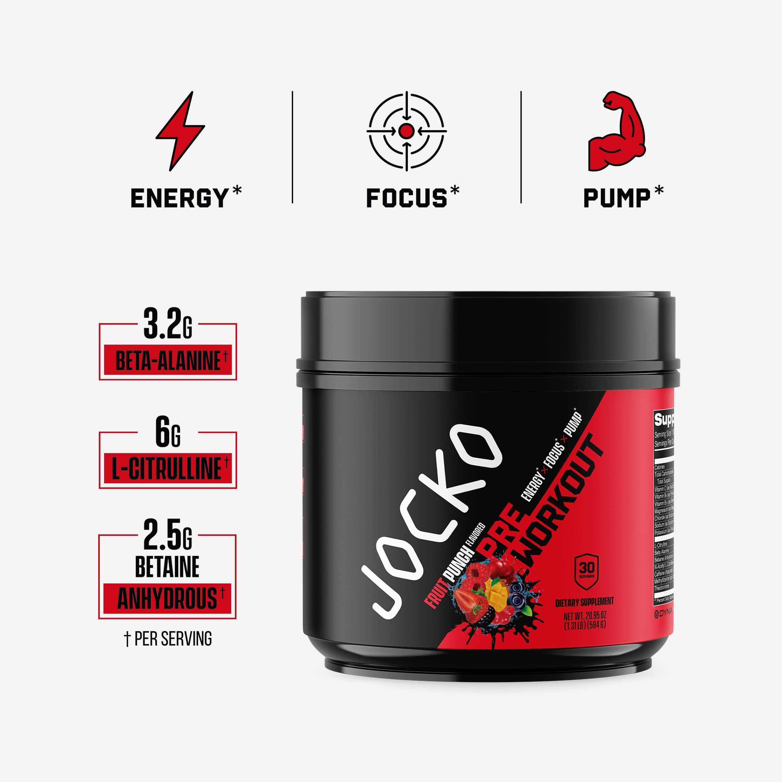 JOCKO Pre Workout Powder - Energy & Endurance Booster for Gym, Running & Fitness | Natural Performance Enhancer for Men & Women