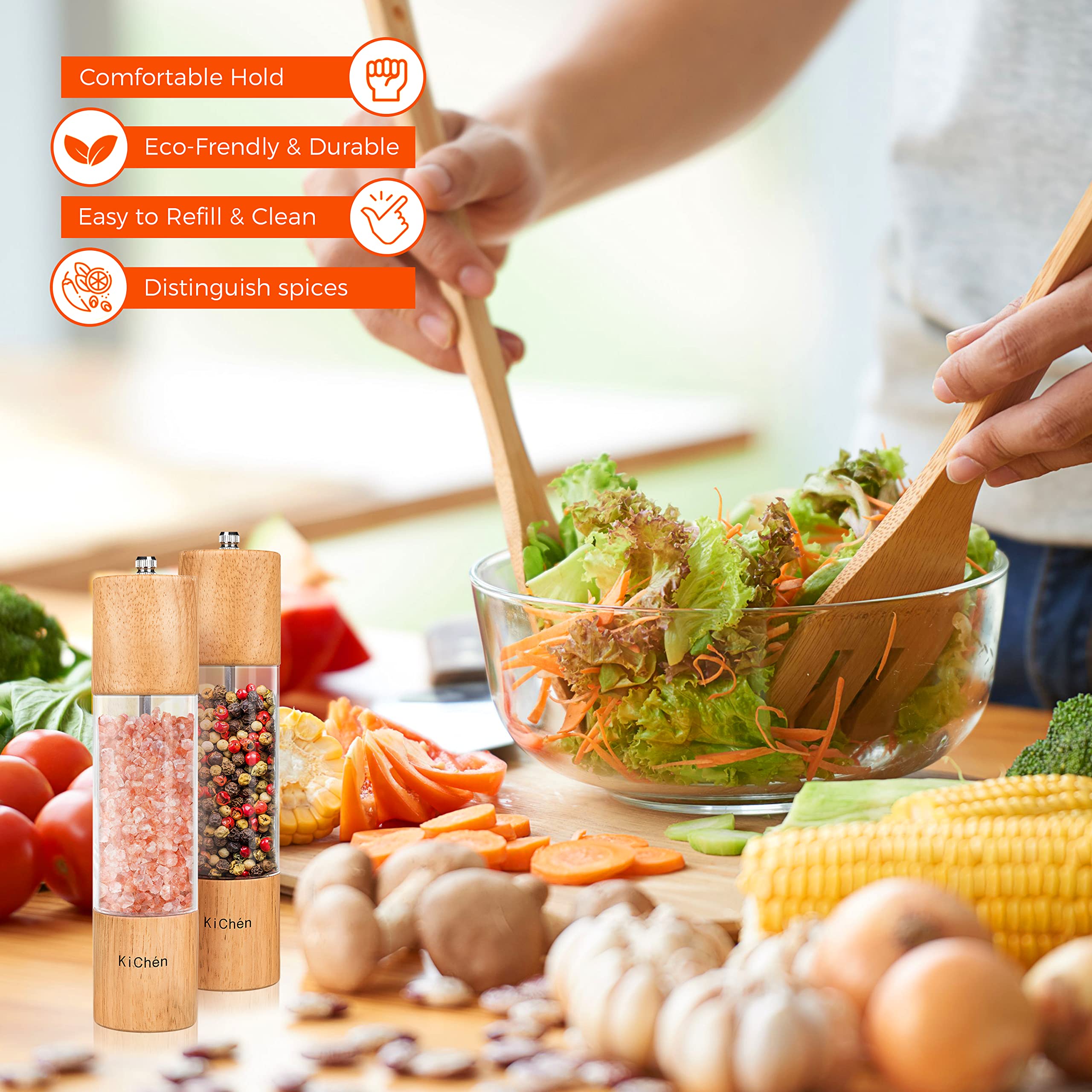 Premium Wooden Salt and Pepper Grinder Set - Manual Adjustable Refillable Spice Mill with Large Capacity - Perfect for Kitchen, Dining Table & Outdoor BBQ