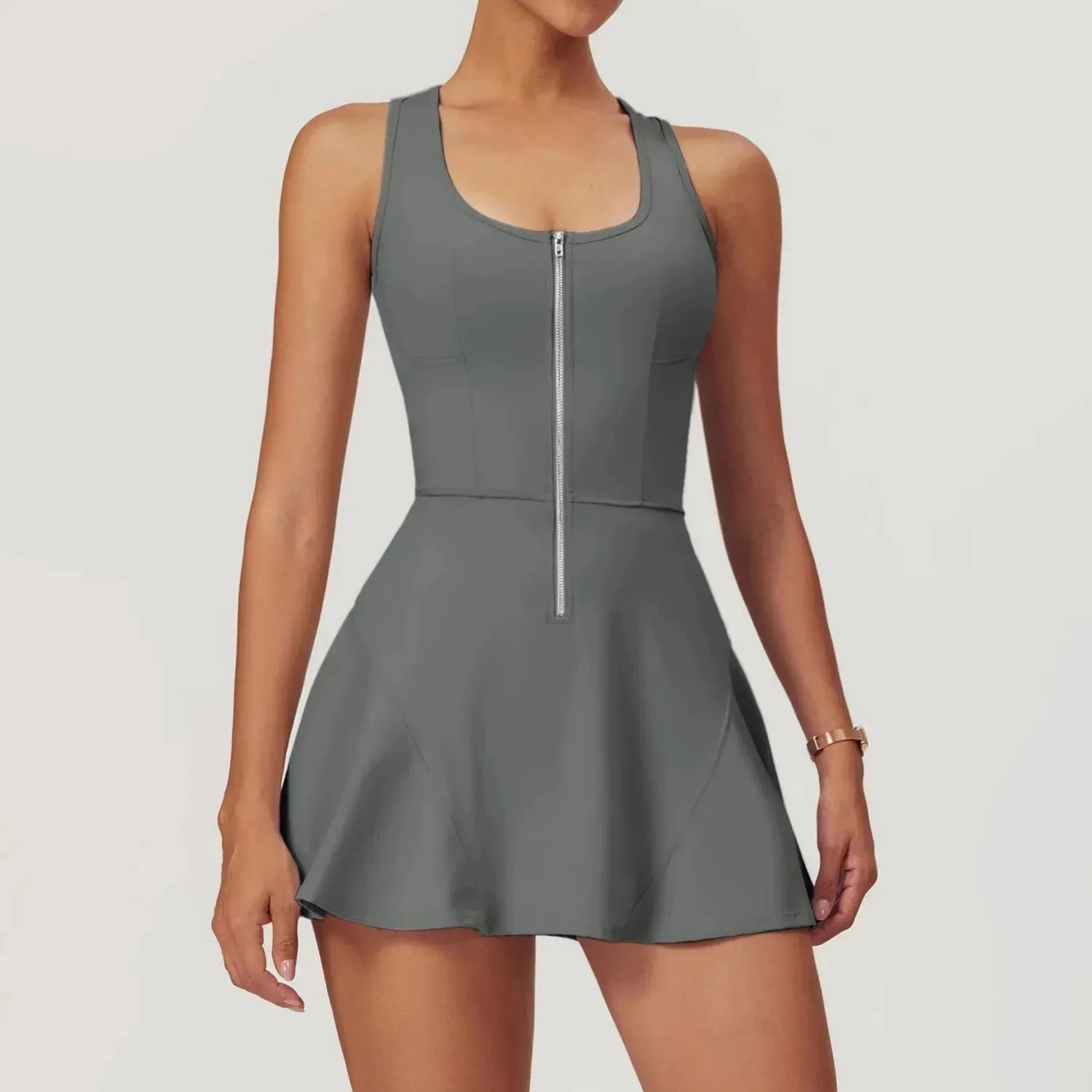Women's Sleeveless Zipper Yoga Bodysuit with Skirt - Push Up Workout Outfit for Gym, Dance & Fitness | Breathable Activewear for Yoga, Pilates & Aerobics