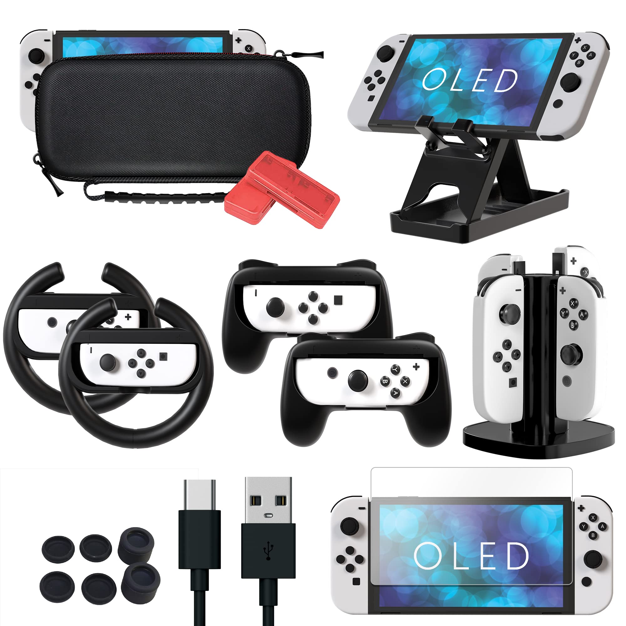 TalkWorks Super Combo Pack for Nintendo Switch OLED - 2 Grips, 2 Wheel Controller Grips, 2 Game Card Holders, 1 Charging Dock, Thumb Grips, USB-C Cable, Universal Stand & Screen Protector | Perfect for Gaming on the Go, Travel & Multiplayer Sessions