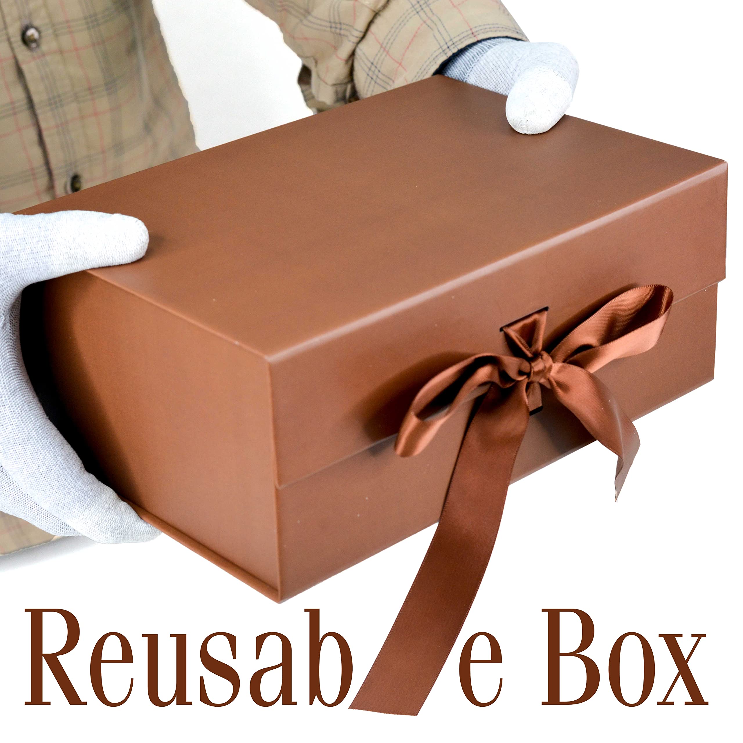 Rigid Brown Folding Gift Box with Ribbon (23x16x10cm) - 1 Pack | Scratch-Free Multipurpose Collapsible Hamper Box for Gifts, Jewelry, Cosmetics & Home Storage | Reusable Present Packaging for Birthdays, Weddings & Corporate Events