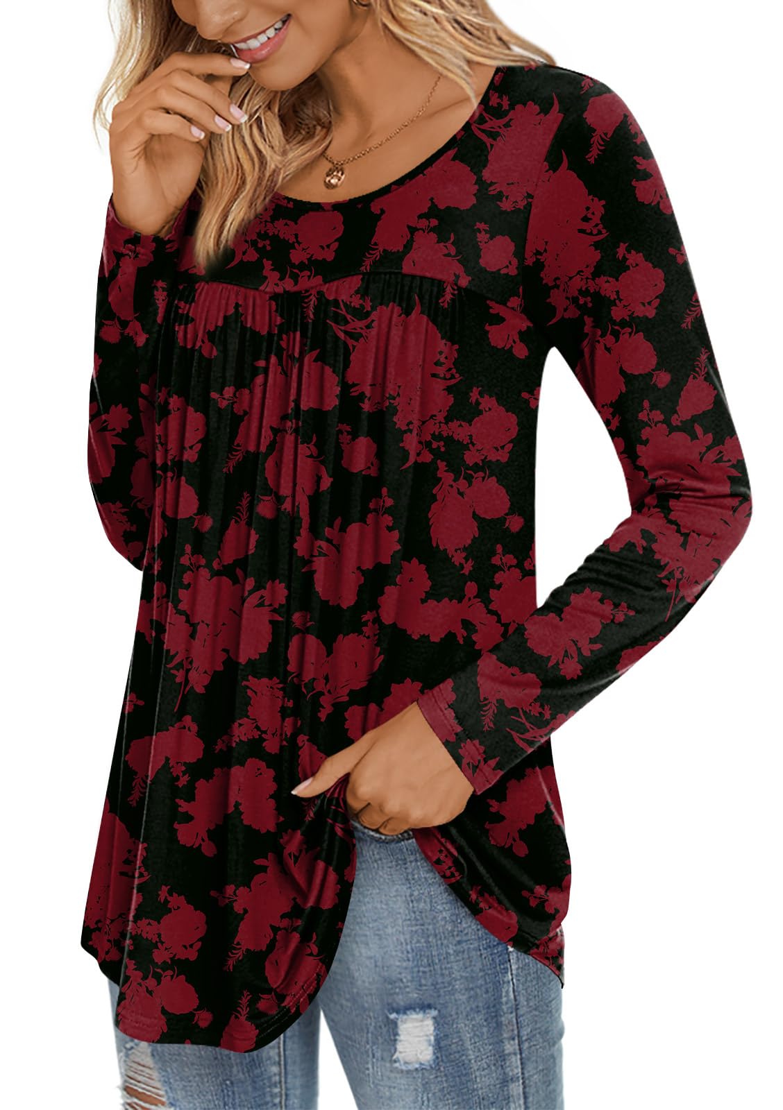 LONGYUAN Women's Long Sleeve Casual Tunic Top - Winter 2025 Loose Flare Blouse with Elastic Comfort - Perfect for Office, Travel & Everyday Wear