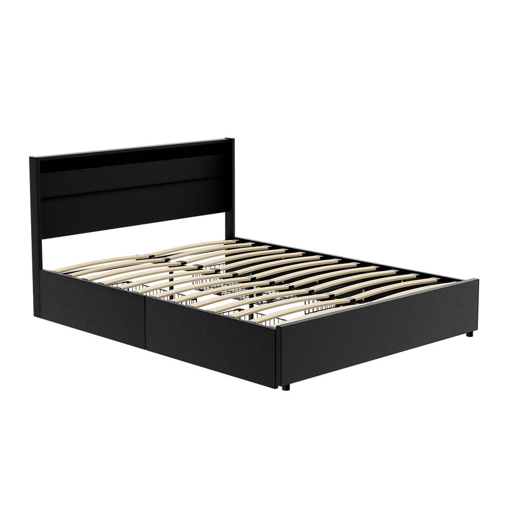 Dunelight LED Queen Size Bed Frame with 4 Storage Drawers - Modern Platform Bed with Underbed Storage & Ambient Lighting, Black - Perfect for Small Bedrooms, Guest Rooms & Dormitories
