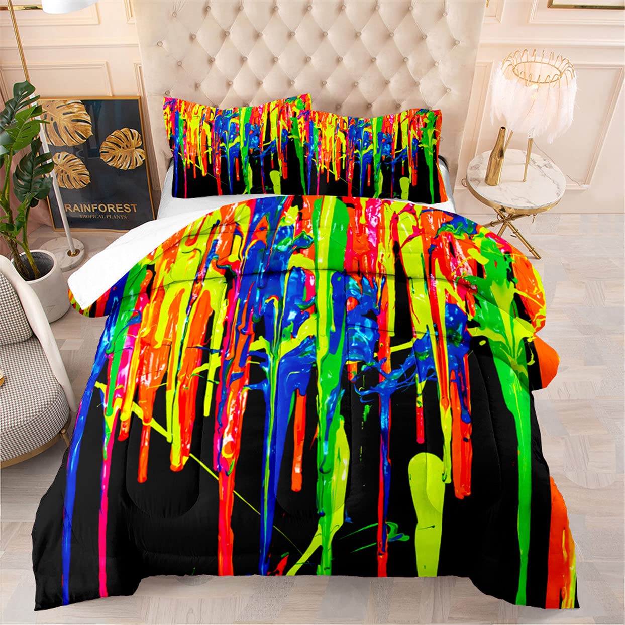 EDUMEYA King Size Rainbow Paint Comforter Set - Abstract Colorful Graffiti Bedding with 1 Quilt & 2 Pillowcases for Girls & Kids | Vibrant Teen Bedroom Decor, Dorm Room Essentials, Playful Nursery Design
