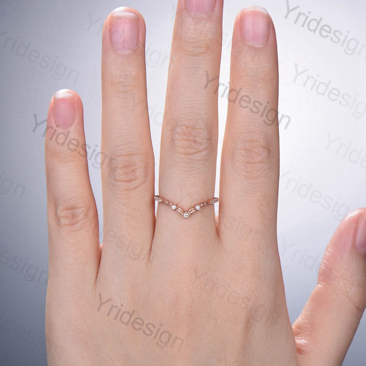Elegant Curved V-Shaped Rose Gold Wedding Band for Women - Twisted Diamond & Moissanite Stacking Ring Set, Art Deco Inspired Matching Band | Perfect for Anniversaries, Engagements & Everyday Luxury Jewelry