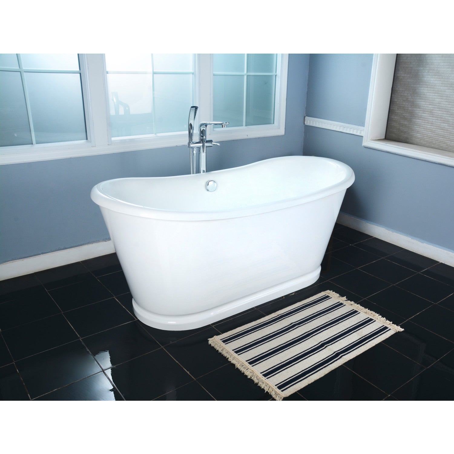 Aqua Eden 66 Inch White Cast Iron Oval Double Slipper Pedestal Bathtub - No Faucet Drillings - Luxury Freestanding Soaking Tub for Spa Bathroom & Master Suite Relaxation