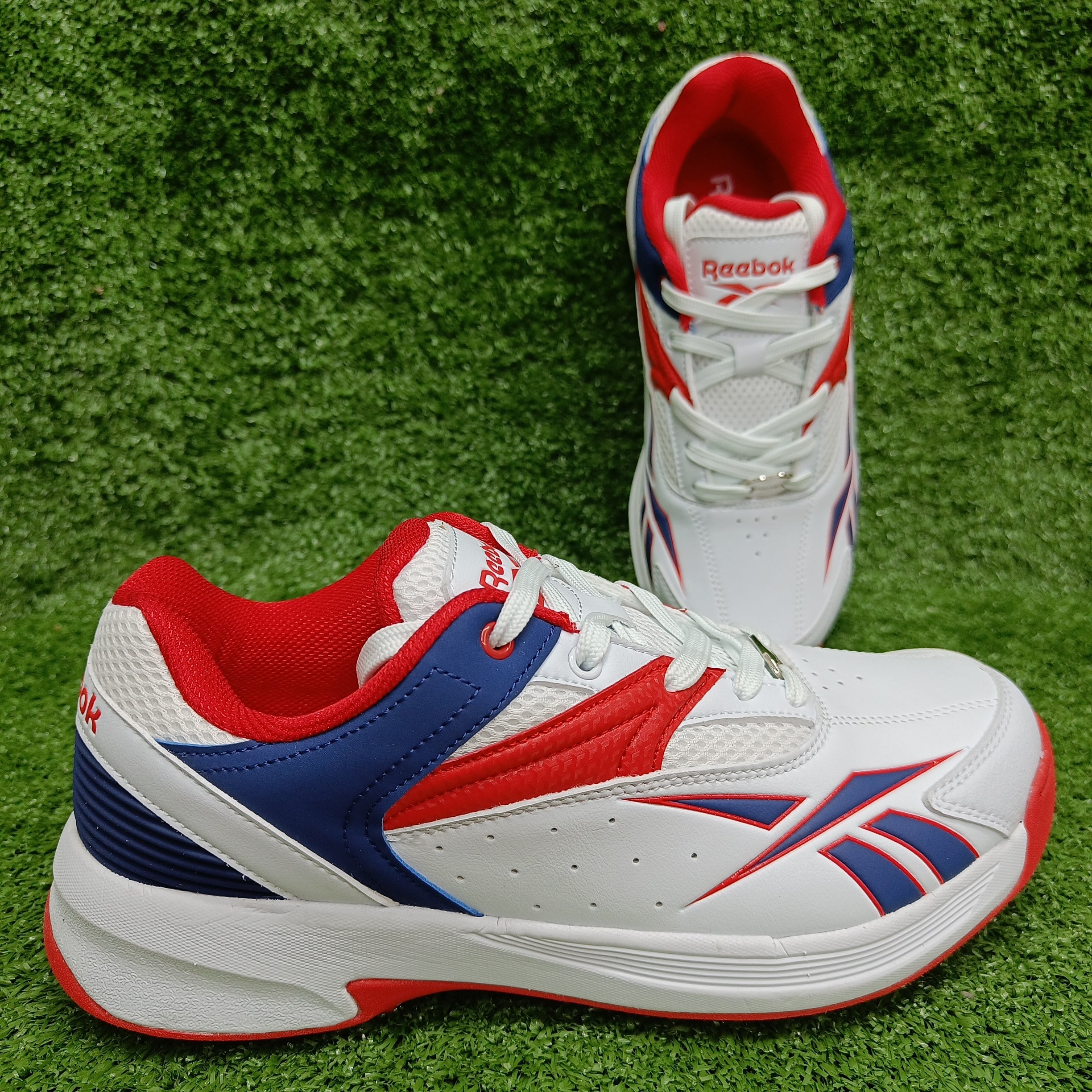 Reebok Not Out Syndicate Cricket Shoes - White/Blue/Red Metal Spike Cleats for Men | Perfect for Professional Matches & Training Sessions