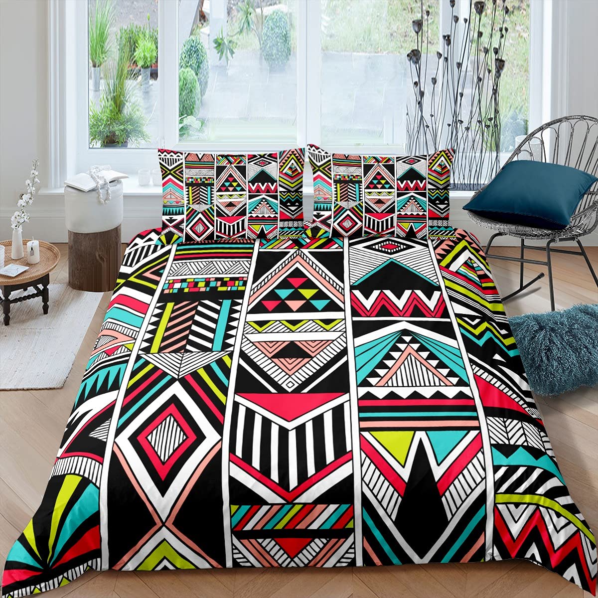 Bohemian Aztec Style Watercolor Geometric Triangle Duvet Cover Set - Twin Size Castle Fairy Boho Bedding for Kids, Teens, Boys & Girls - Colorful Comforter Cover for Bedroom Decor | Perfect for Boho Chic, Teen Rooms & Kids' Bedroom Themes