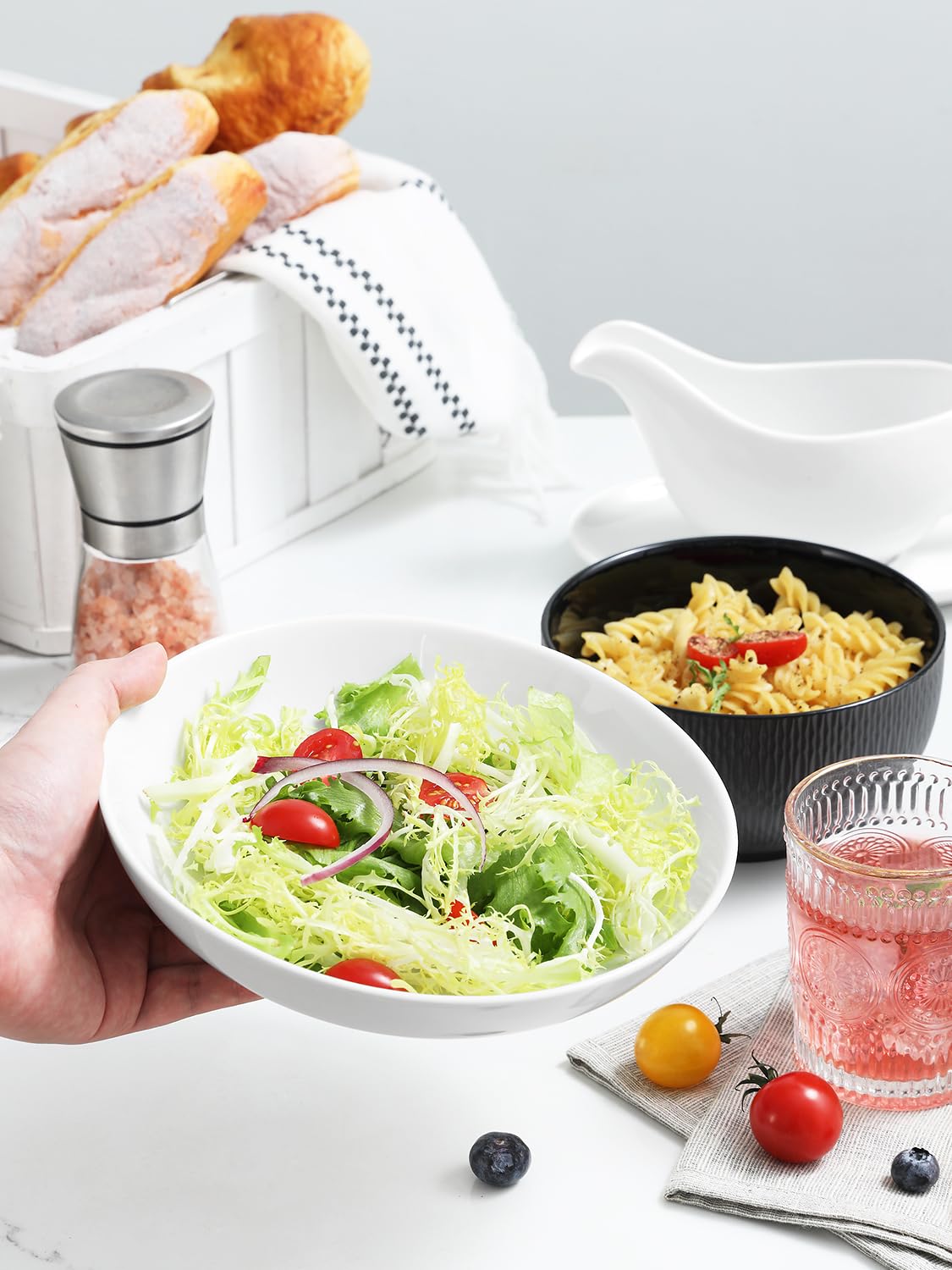 Yedio 22oz Porcelain Salad Bowls Set of 6 - Microwave & Dishwasher Safe White Pasta Bowls for Kitchen - Perfect for Salads, Pasta, Soups & Entertaining