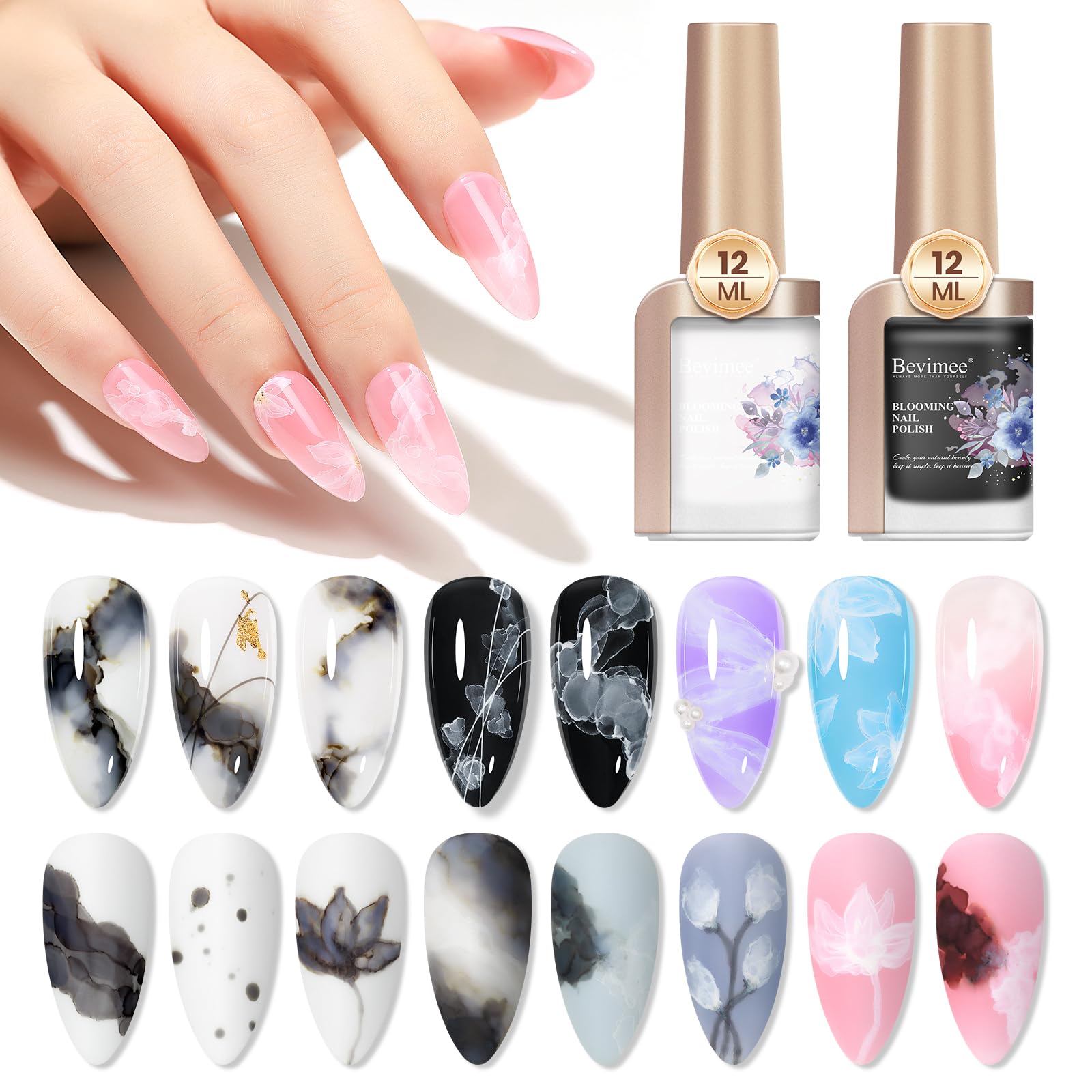 Blooming Gel Nail Polish Set - 2PCS Black & White Watercolor Marble Ink for Nails (12ML) | DIY Flower Nail Art Design with Magic Blossom Effect | Perfect for Home Manicure, Nail Salon & Gift Giving