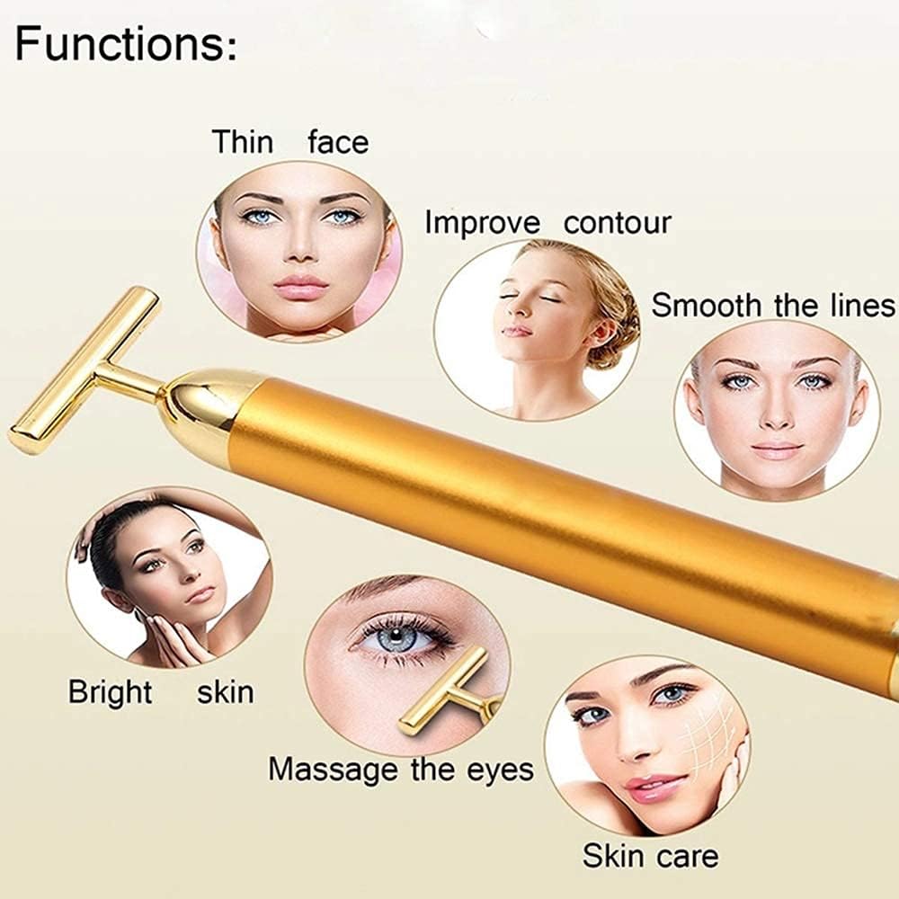 TECVA Gold Facial Massager - Electric T-Shape Beauty Bar for Face Lifting, Firming & Anti-Wrinkle Skin Care | Skin Tightening Tool for Home Spa & Professional Use (Gold)