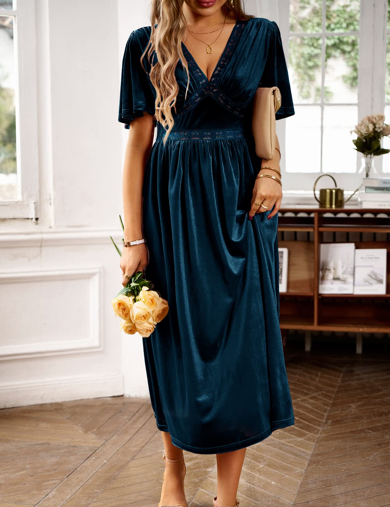 Zilcremo Women's Elegant Deep V-Neck Velvet Dress with Bell Sleeves & Lace Details - Flowy Midi Party Dress for Evening Events, Weddings & Holiday Celebrations