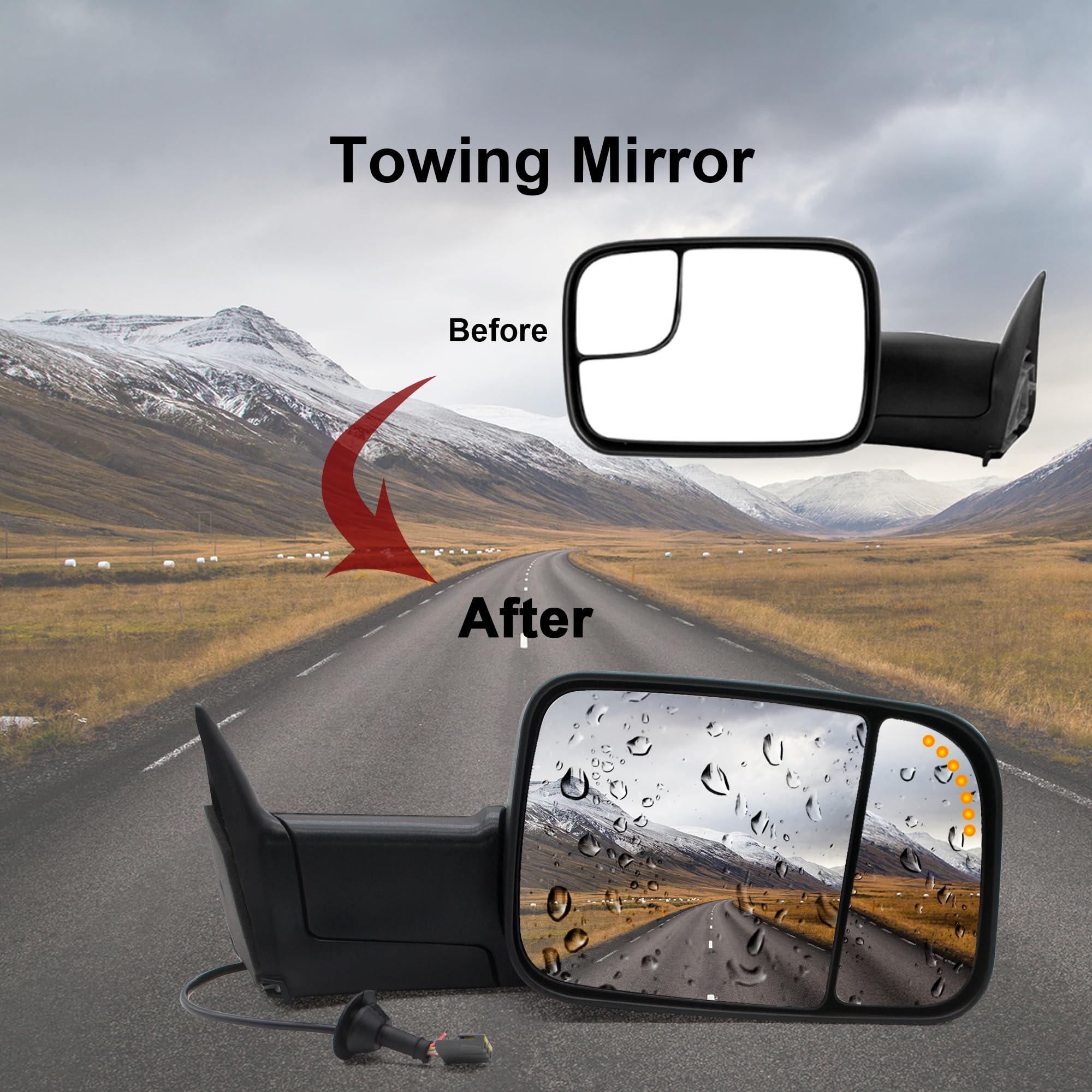 Dodge Ram 1500 2500 3500 Towing Mirrors - Power Heated Manual Flip Up Tow Mirrors LH RH Compatible with 1998-2002 Models | Perfect for Towing Trailers, Boats & RVs | Enhanced Visibility & Safety