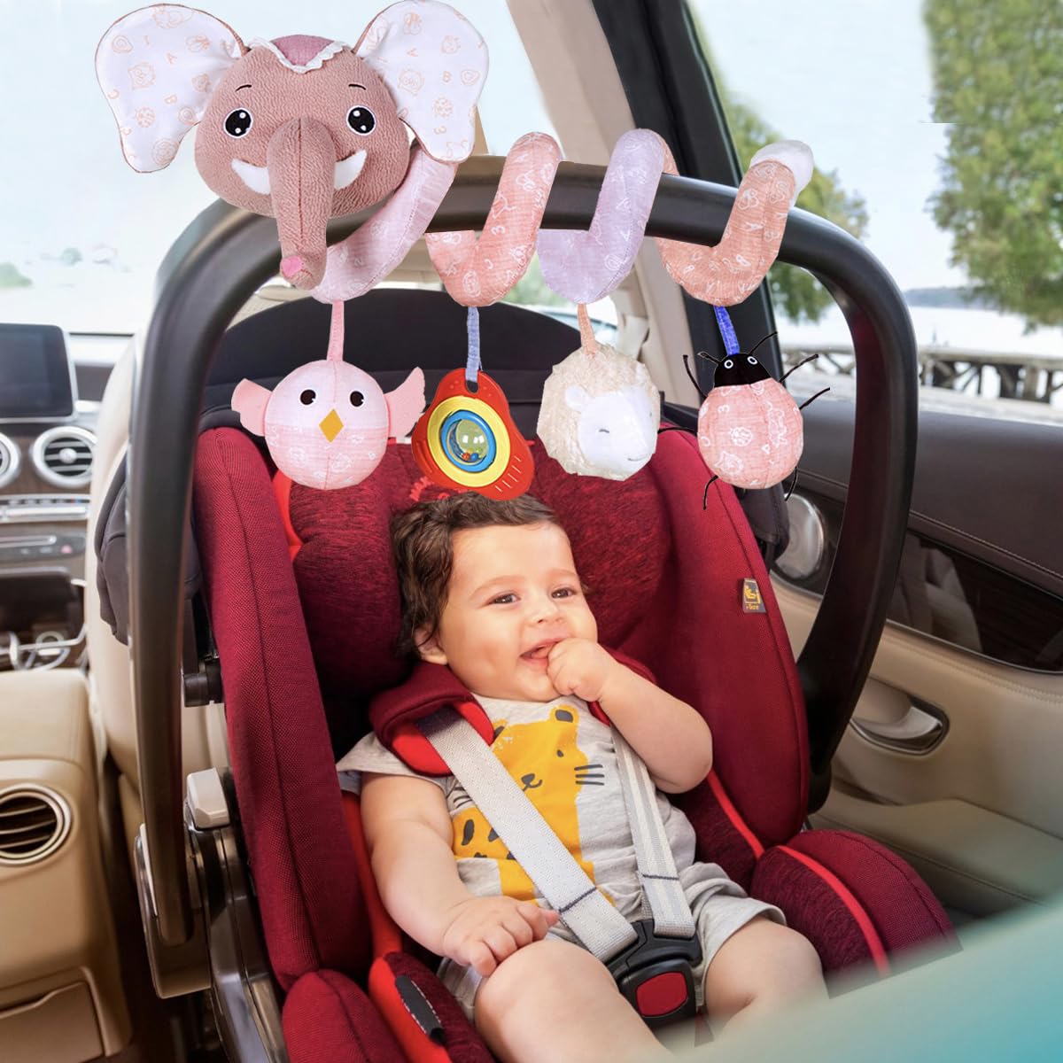 Pink Elephant Baby Car Seat Toys - Spiral Hanging Developmental Toys for Newborns 0-12 Months | Crib, Bassinet & Stroller Mobile | Early Learning Sensory Toy for Infant Girls & Boys | Perfect for Road Trips & Nursery Decor